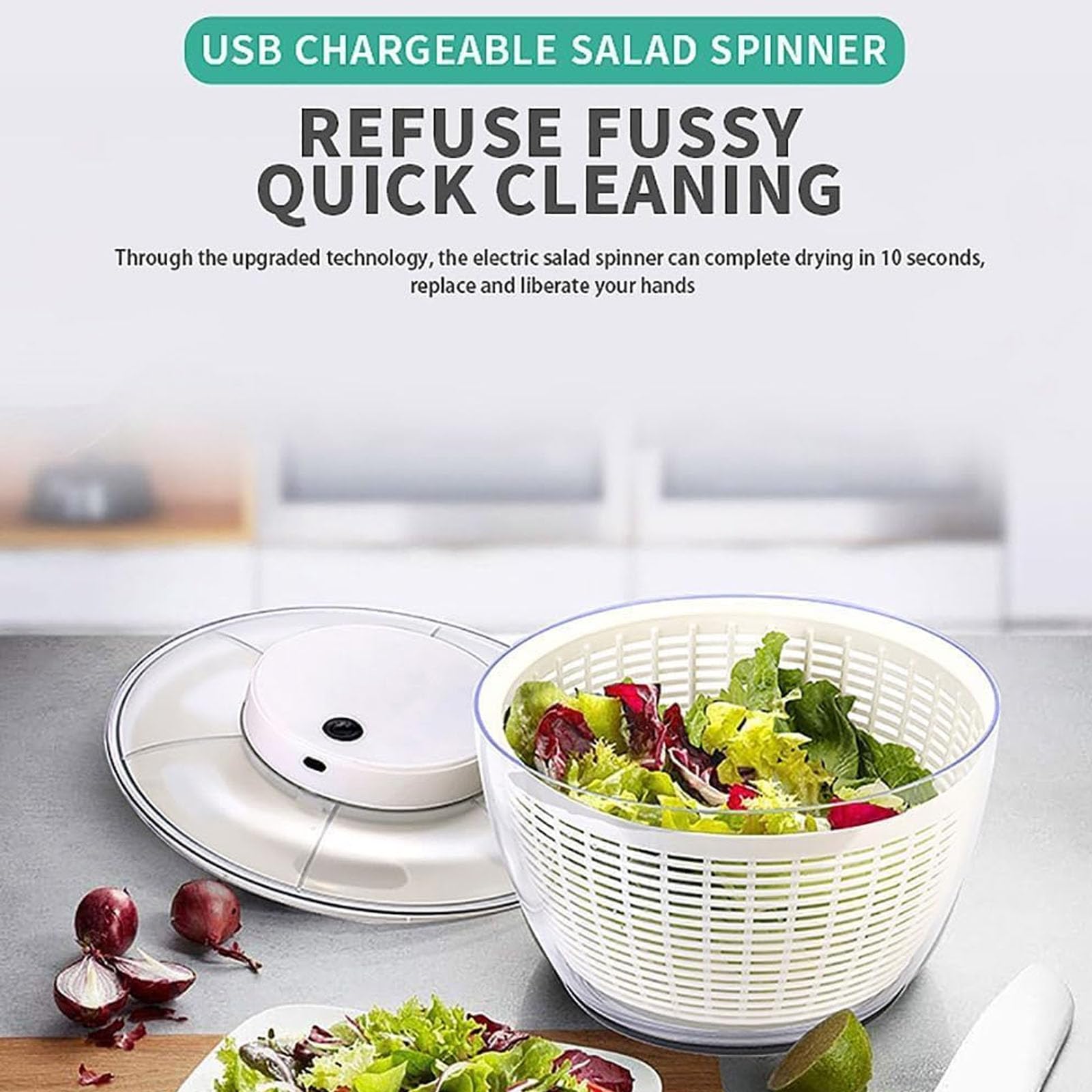 Centrifugador de ensalada, secador eléctrico de lechuga, giratorio automático de ensalada de 6 litros, recargable por USB, con potente eliminación de agua, para ensaladas, verduras, lechuga, frutas