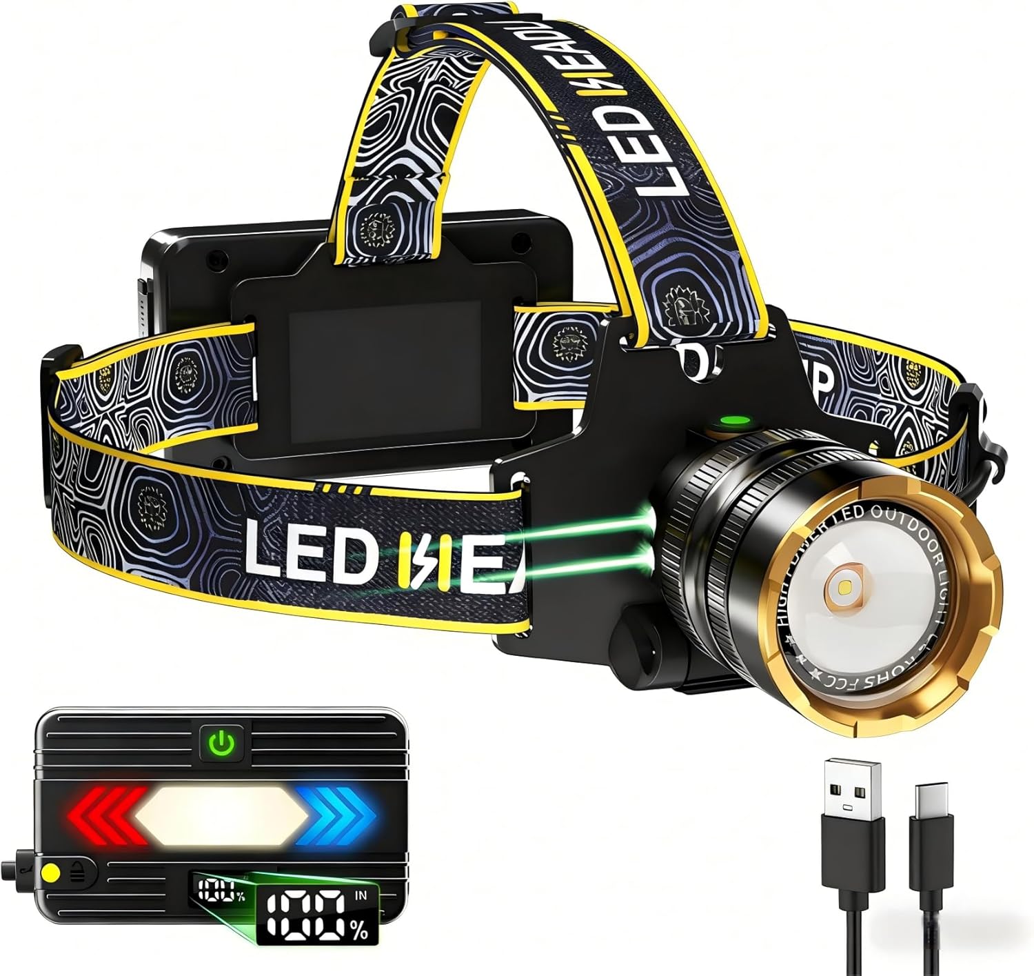 Bud K Headlamp 1000 Lumens Rechargeable LED Head Lamp with Sensor, Super Bright Headlight Outdoor, 12 Lighting Modes, IPX7 Waterproof and Zoomable, Headlamps for Adults Camping Hiking Running