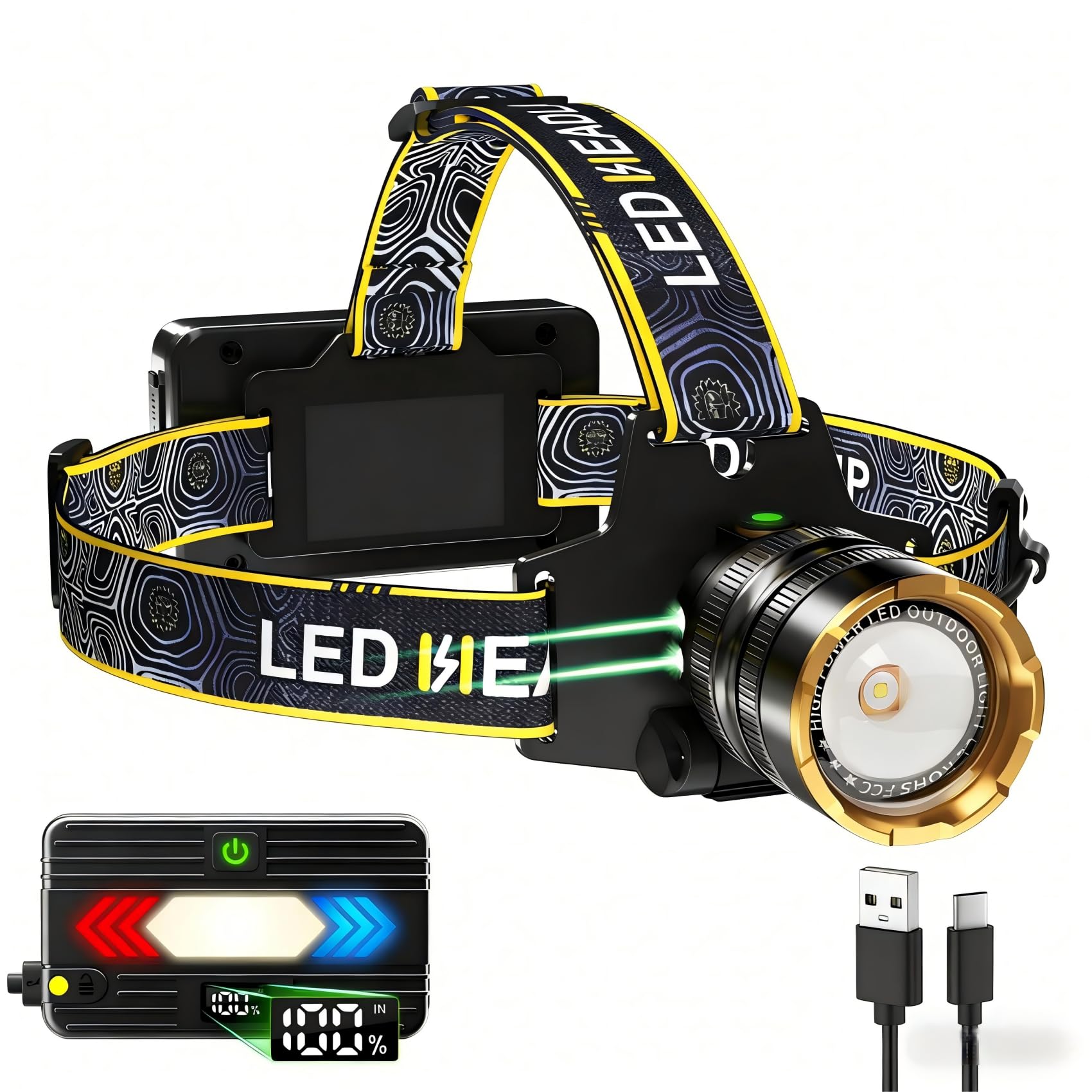 Bud K Lampada frontale a LED ricaricabile tramite USB, 30 W, super luminosa, 90000 lumen con 5 modalità, batterie incluse, zoomabile, impermeabile, per campeggio, caccia, corsa, pesca, ciclismo