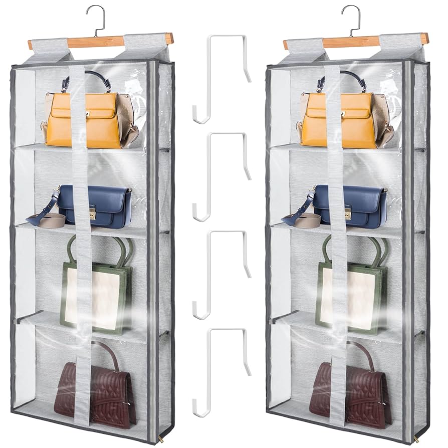 Syeeiex Dustproof Hanging Handbag Organiser With Zip, 4 Clear Pockets Purse Organizer Space