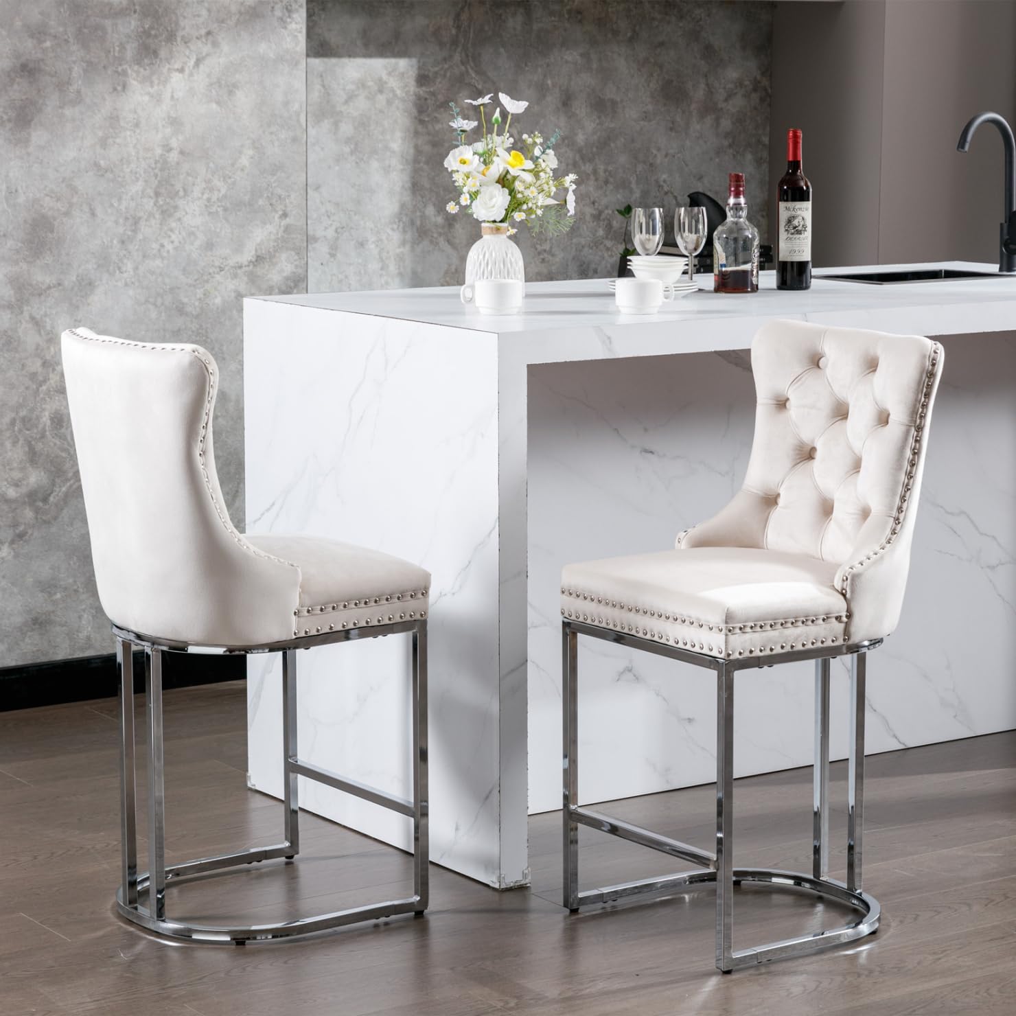 TRIPLE TREE Bar Stools Set of 2, Counter Height Barstools with Chrome Metal Base, Modern Velvet Barstools with Button Back & Rivet Trim, Upholstered Chairs for Kitchen Island, Dining Room, Beige