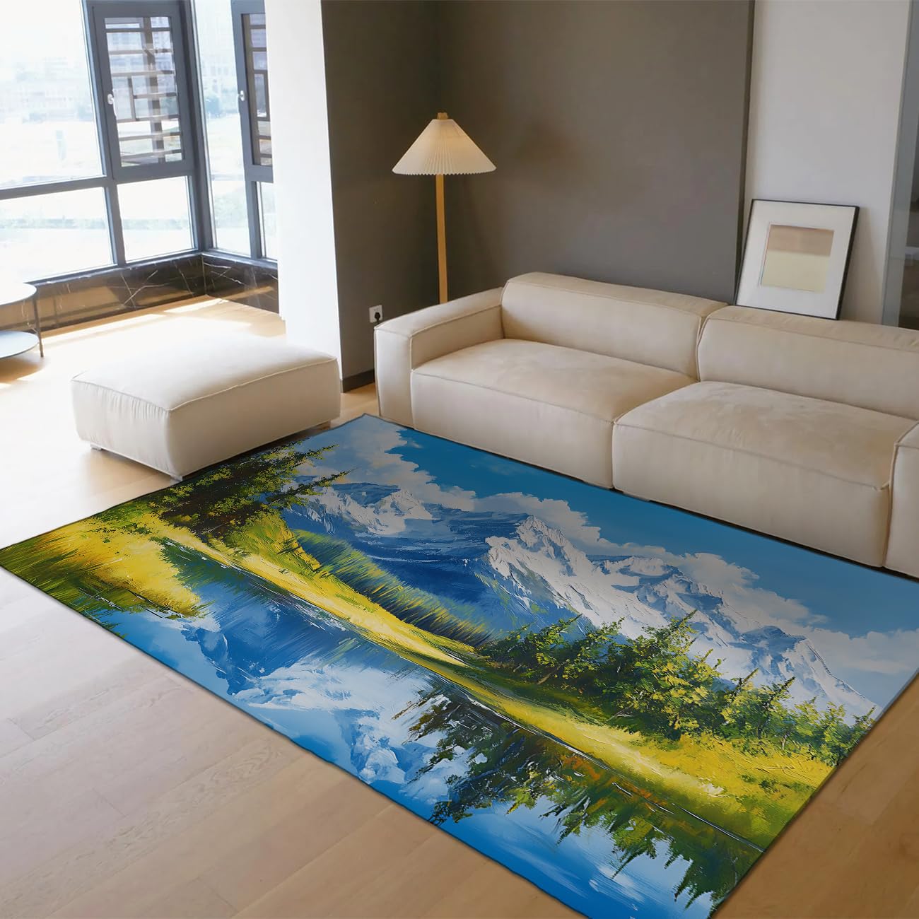 Mountain Forest Teppich fürs Wohnzimmer Aquarell Frühlingslandschaft Waschbare Fläche Teppiche Blau weich dünn großer Teppich für Schlafzimmer Bauernhaus 90x120cm