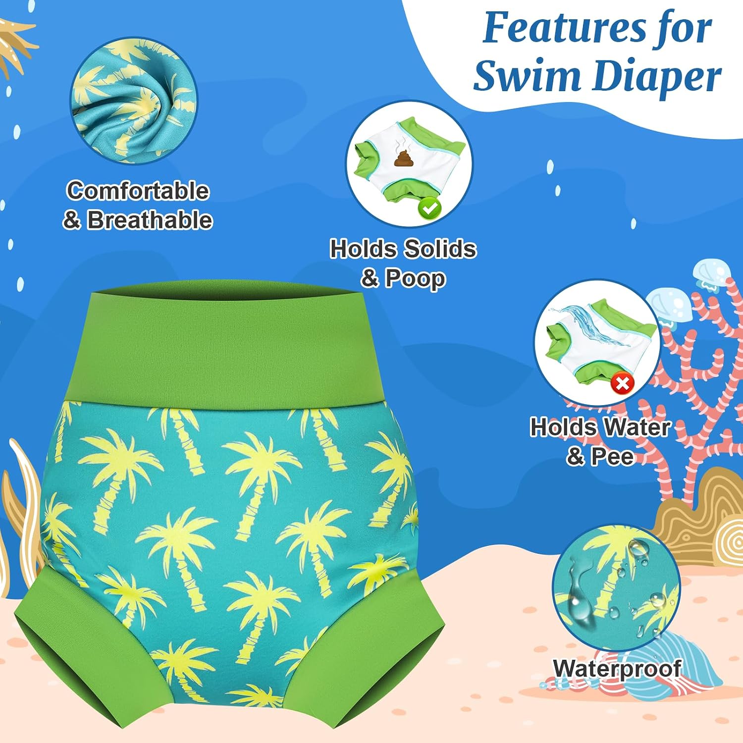MOEMOE BABY Reusable Swim Diapers, Quick-Dry Swimming Diaper for Boys and Girls, Ideal for Pool, Beach & Swim Lessons S/2T