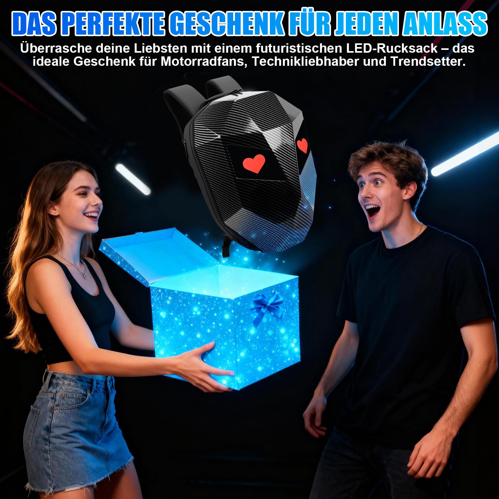 LED Rucksack Motorrad Geschenkidee für Männer Jugendliche, Programmierbarer Pixel Display Helmrucksack mit 3D Hartschale, Wasserdichter Laptop Tagesrucksack für Reise Schule Alltag Schwarz