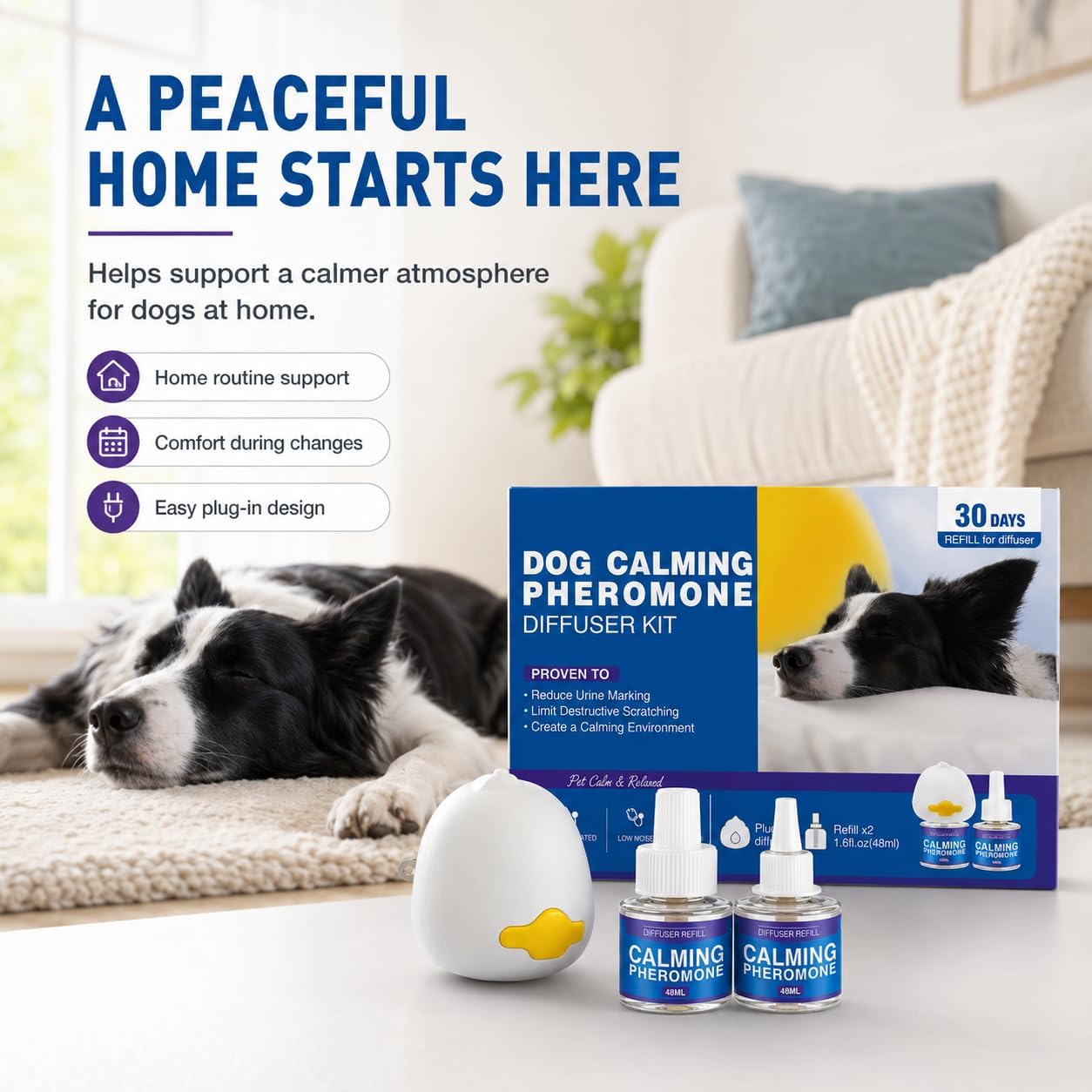 Dog Calming Diffuser Kit, Pheromone Diffuser for Dogs Plug-in, Calming Diffuser Refill 48ml, Helps Reduce Anxiety, Barking, Chewing, Stress & Separation Behavior in Dogs