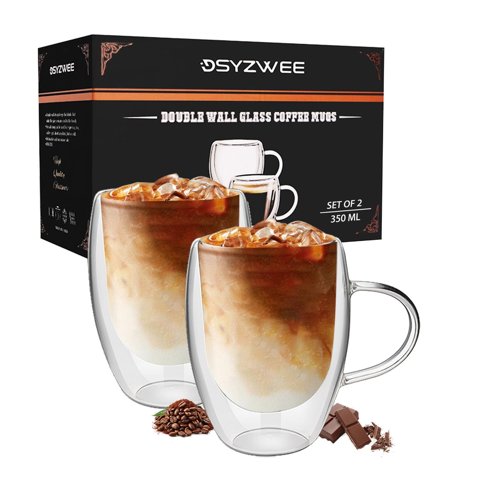 DSYZWEE Latte Macchiato Gläser 350 ml, 2er Set, doppelwandige Kaffeegläser mit Henkel, aus Borosilikatglas, isolierende Cappuccino Gläser für Latte, Milchkaffee & Iced Americano