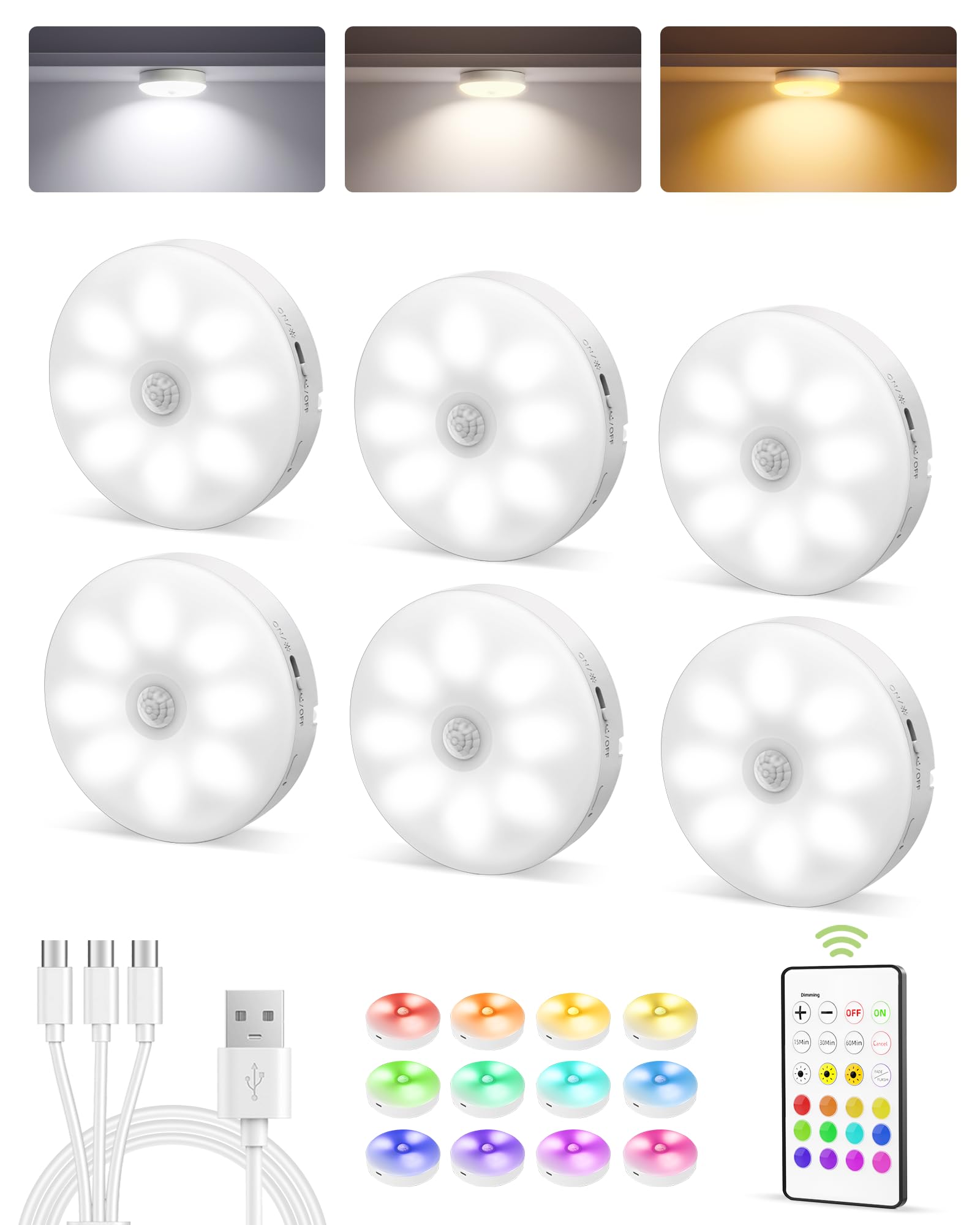 ezvalo 6-pack under cabinet lighting rechargeable motion sensor puck lights with remote 3 color temps amp12 rgb colors magnetic stick on light dimmable under counter lights for kitchen shelf stair