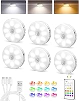 EZVALO 6-Pack Rechargeable Motion Sensor Puck Lights with Remote - 12 RGB Colors, 3 Temps, Dimmable Under Cabinet Lights for Kitchen & Decor