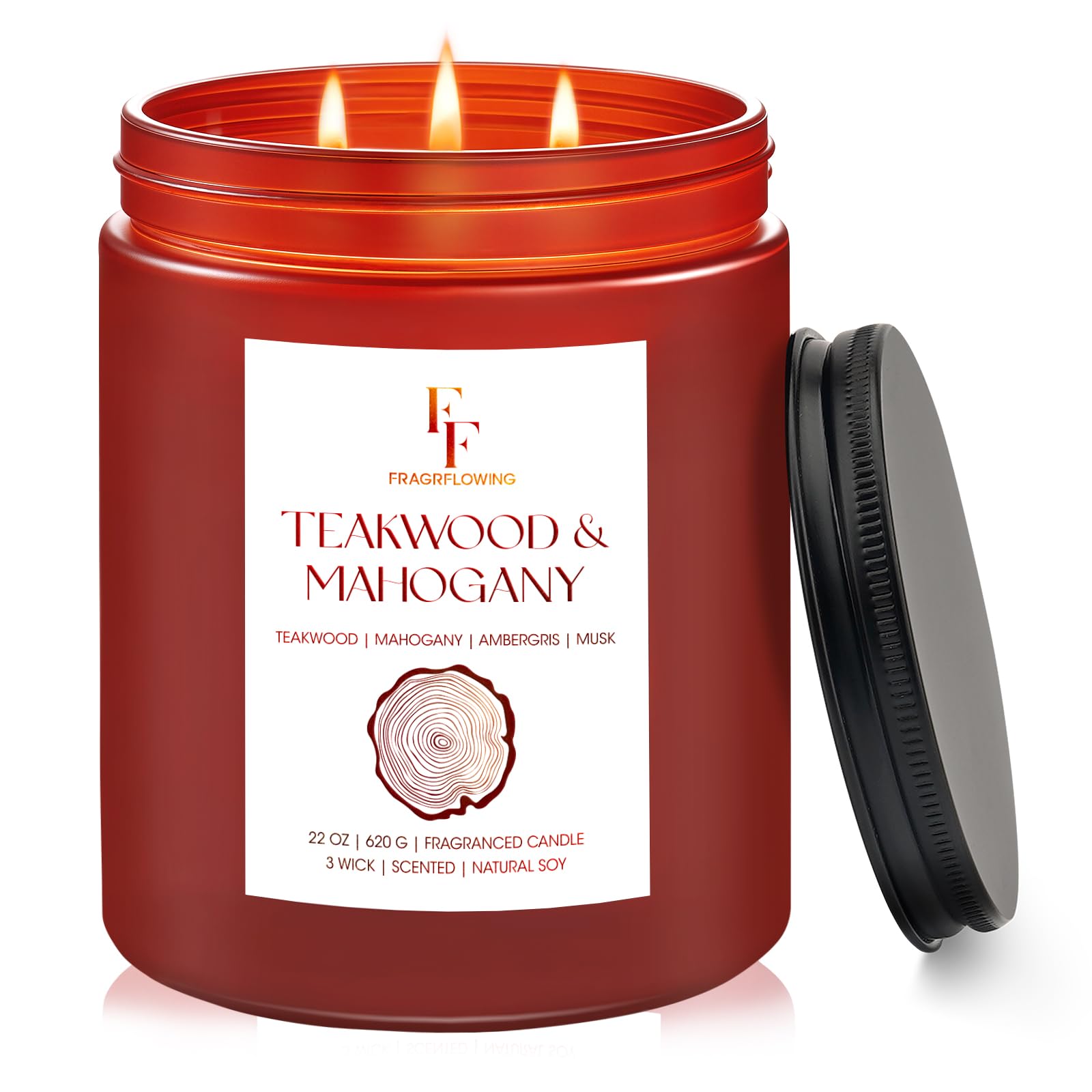 Teakwood &amp; Mahogany Large Christmas Scented Candle, 3-Wick 22oz Long Lasting Scented Candle, Natural Soy Wax Aromatherapy Candle for Home, Holiday Candle Gifts for Women Men