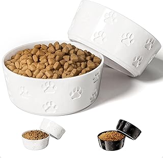 Ceramic Dog Bowl Set of 2 with Anti-Skid Base - 7.5" Wide x 3" Tall Ceramic Dog Bowls for Large Dogs - 6 Cup Capacity Food and Water Bowls for Dogs - Rubber Bottom Pet Bowl Set of 2 for Large Pets