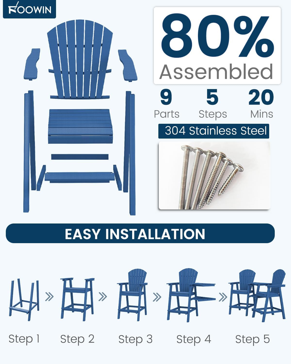 FOOWIN Tall Adirondack Chair Set of 2, All Weather HDPE Bar Height Adirondack Chair with Double Connecting Trays, Adirondack Barstools for Balcony, Deck, Backyard, Patio, Garden Navy Blue