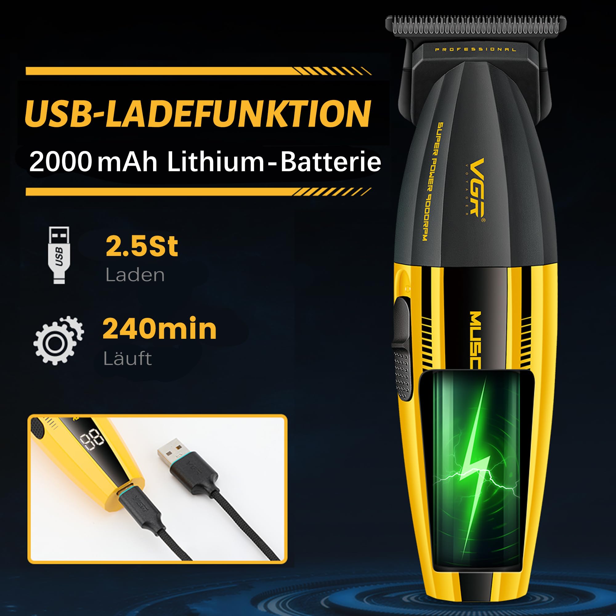 VGR 285T Konturen Haarschneidemaschine Profi für Männer mit LED Display | Kabelloser Präzisions Haartrimmer Herren mit 9000 U/Min Turbo Modus Leistungsstarken Motor, Barttrimmer Herren mit T Klinge