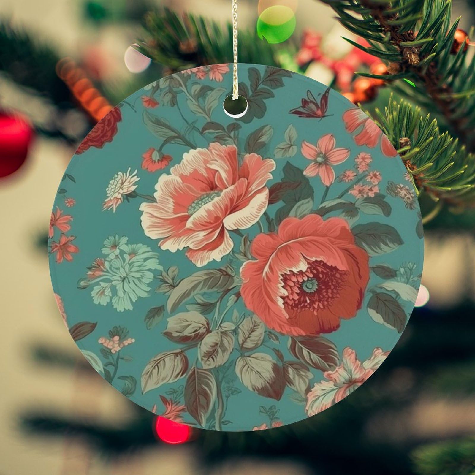 Pastoral Scenery Pattern Christmas Ornament for Christmas Tree Ceramic Round Ornament Winter Holiday Keepsake Gift 2.7" Christmas Tree Hanging Decorations Circle Ceramic Pendant Xmas Gift