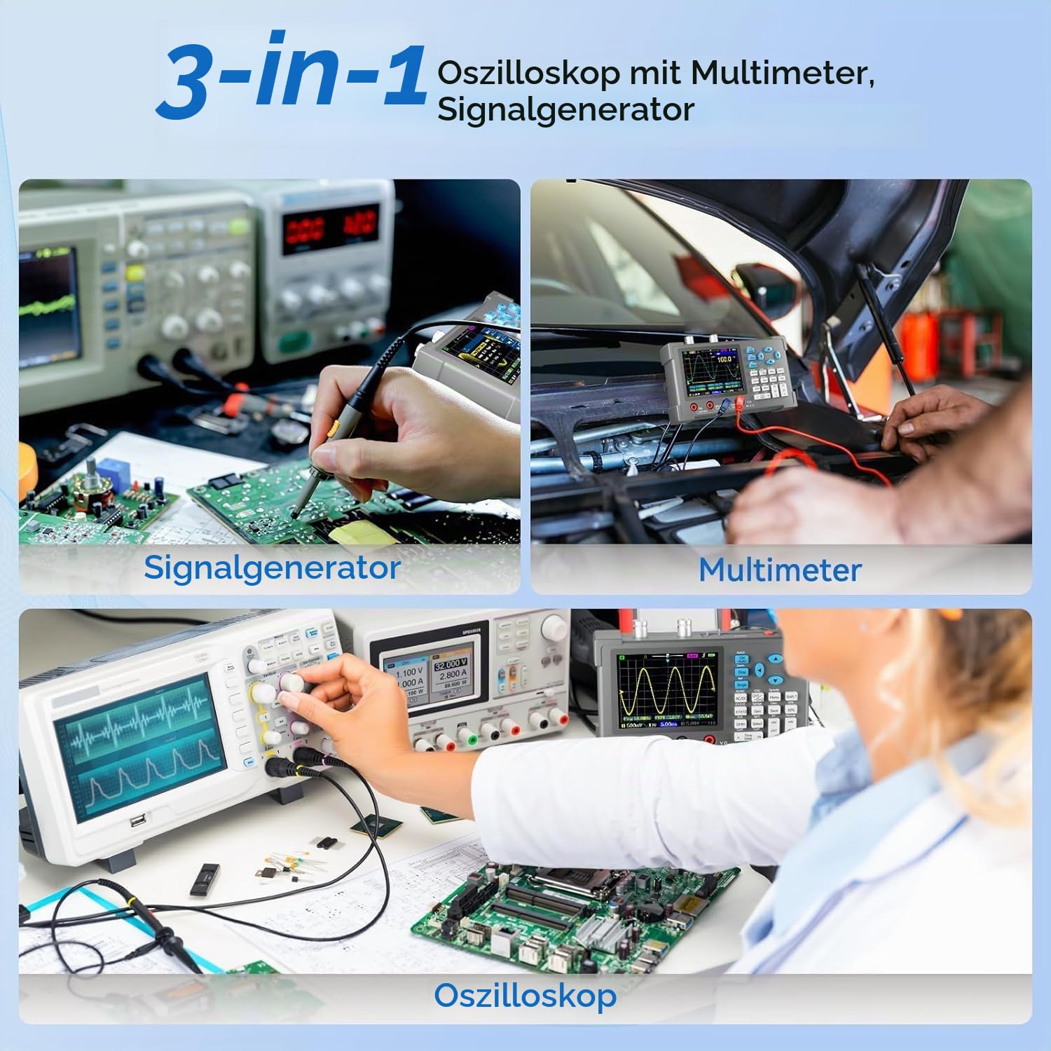 3 in 1 Digitales Oszilloskop, DSO3D12 2 Kanal Oszilloskop, Multimeter und Signalgenerator, 120-MHz-Bandbreite, 250 /s-Stichprobenrate, 3,2-Zoll-IPS-Display, Tragbares Design, Wellenformanalyse