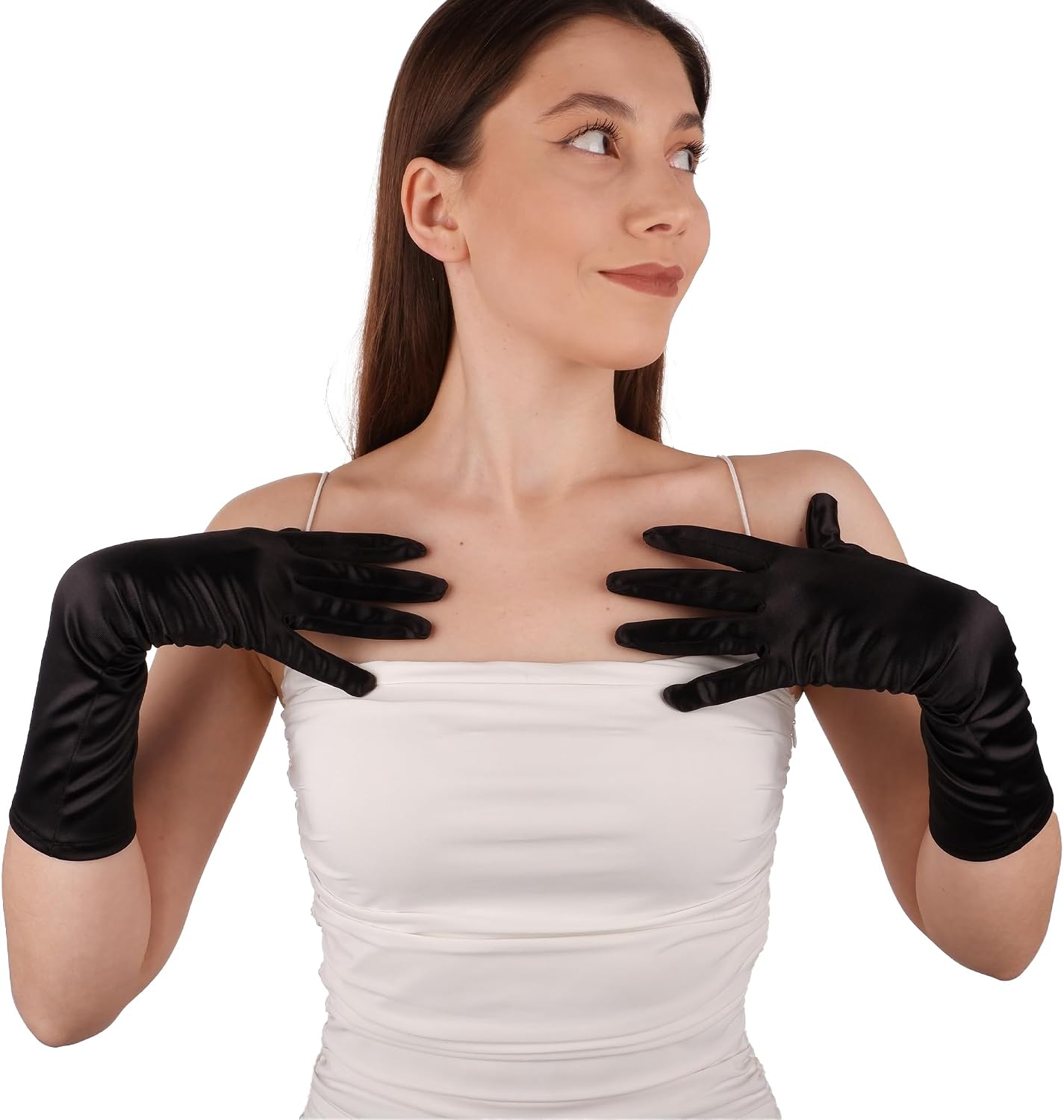 LIMELIA Handmade Satin Formal Gloves for Women, Black, Medium (14 Inches)