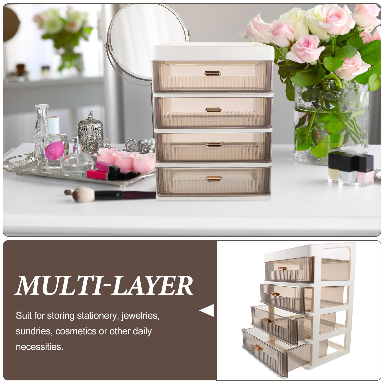 SHINEOFI Organizer da Scrivania Multifunzione con Cassetti Trasparenti, Scatola Portaoggetti in Plastica Robusta Bianca e Nera, Organizer per Trucco, Cancelleria e Prodotti per Bagno,