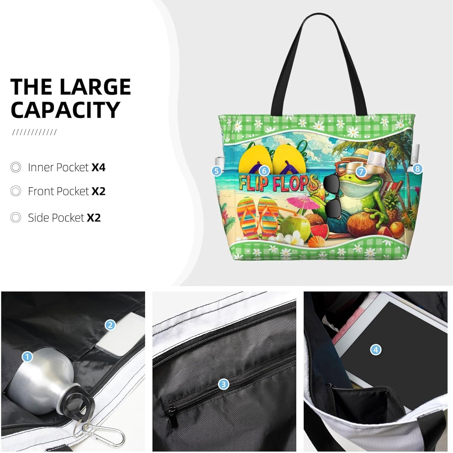 Large Waterproof Sandproof Beach Tote Bag for Women with Zipper & 7 Pockets, Lightweight Foldable Pool Swim Bag