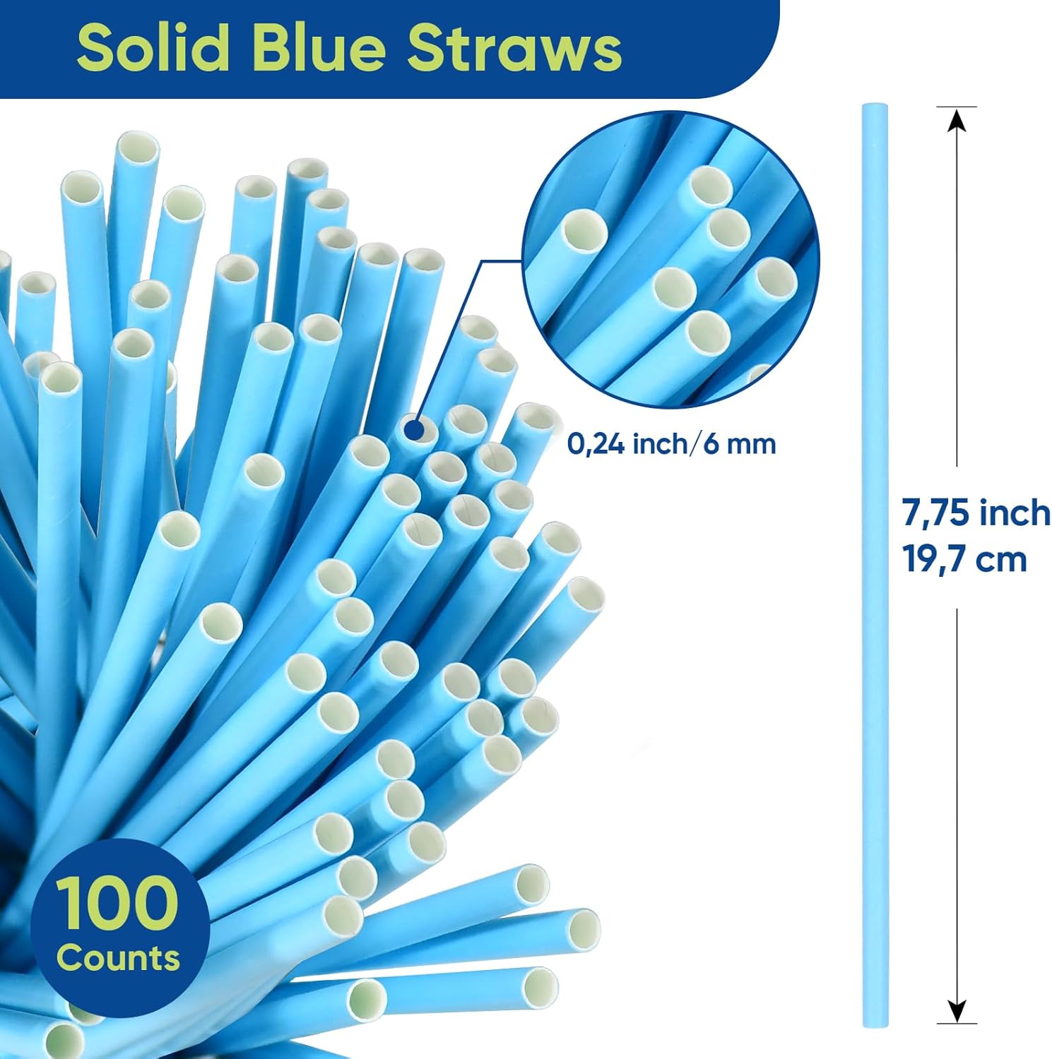 7.75'' x 0.24'' Disposable Solid Blue Unwrapped Paper Straws for Drinking 100 Counts - for Cocktail, Beverage, Cake Pops - Image 3