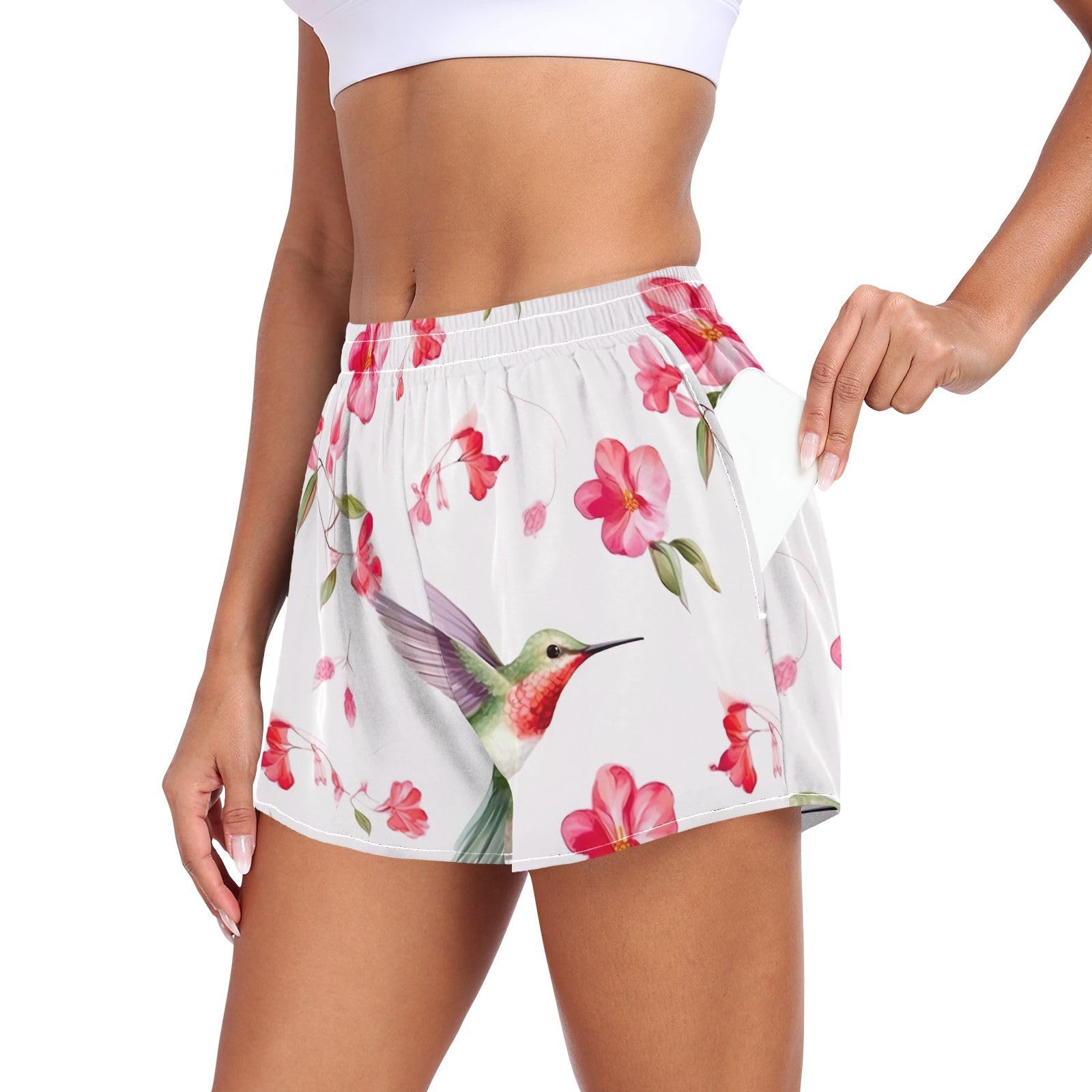 UMIRIKO Hummingbirds Bird Flower Spring Women's Running Shorts with Pockets Sporty Workout Quick Dry Athletic Shorts L 202b3056