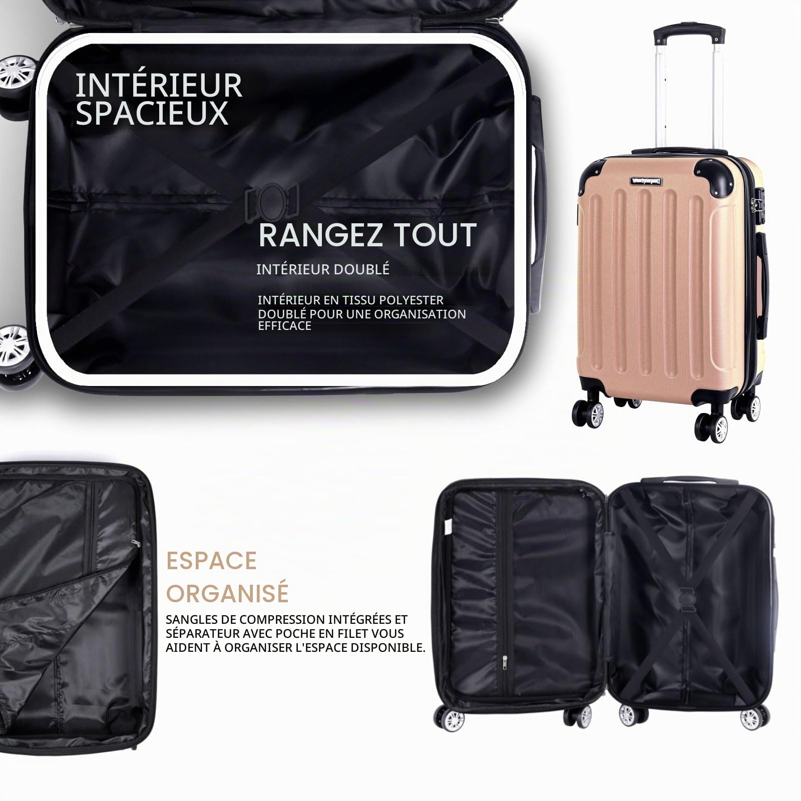 Set de 3 valises rigides en ABS, serrure TSA, capacité extensible - Tailles M, L, XL - Protection coins, roulettes silencieuses 360°, poignée télescopique, convient pour bagage cabine & empilable