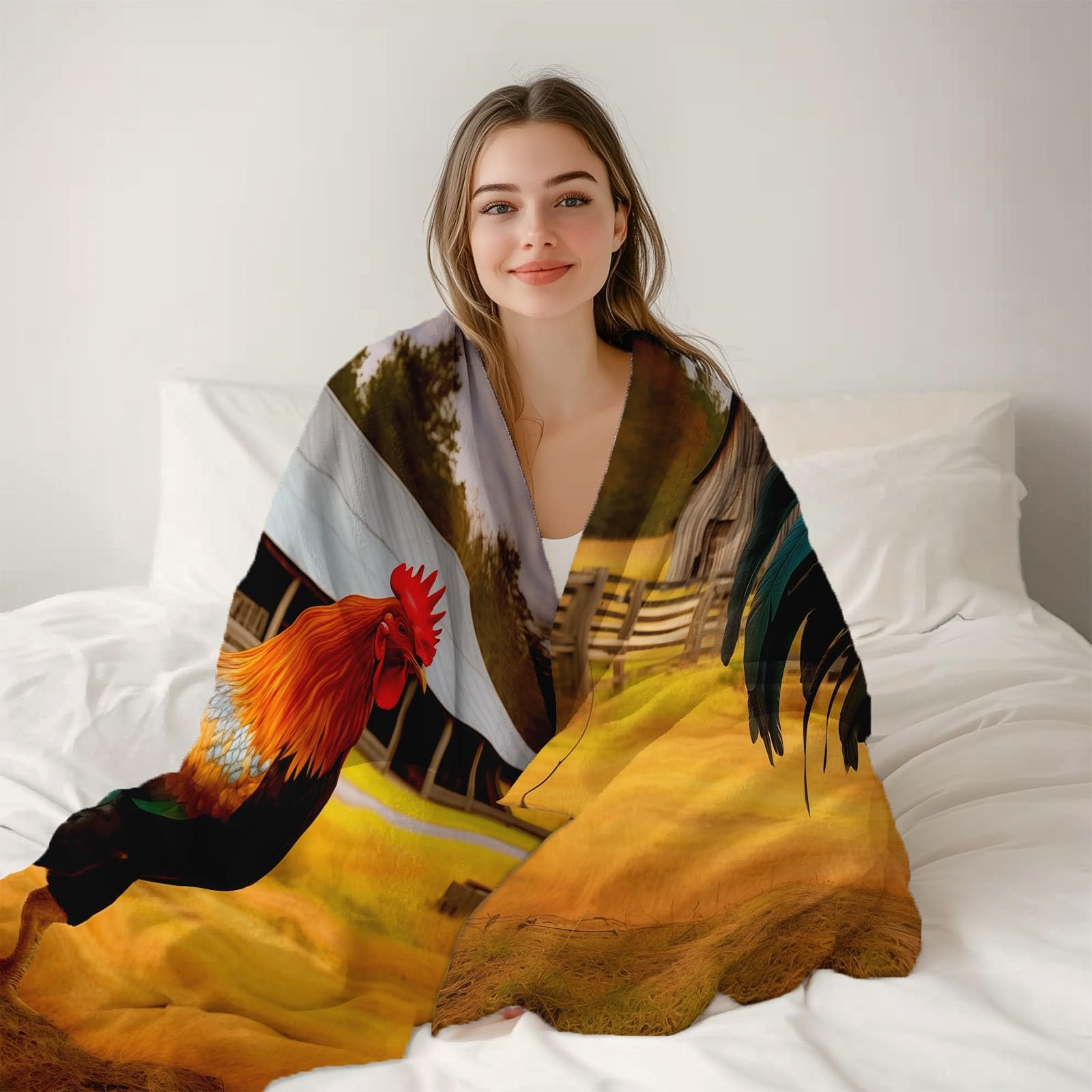 Koc polarowy 200 x 220 cm kogut farmski żółty flanelowy koc polarowy dla 2 osób, nadruk, miękki i ciepły na sofę łóżko