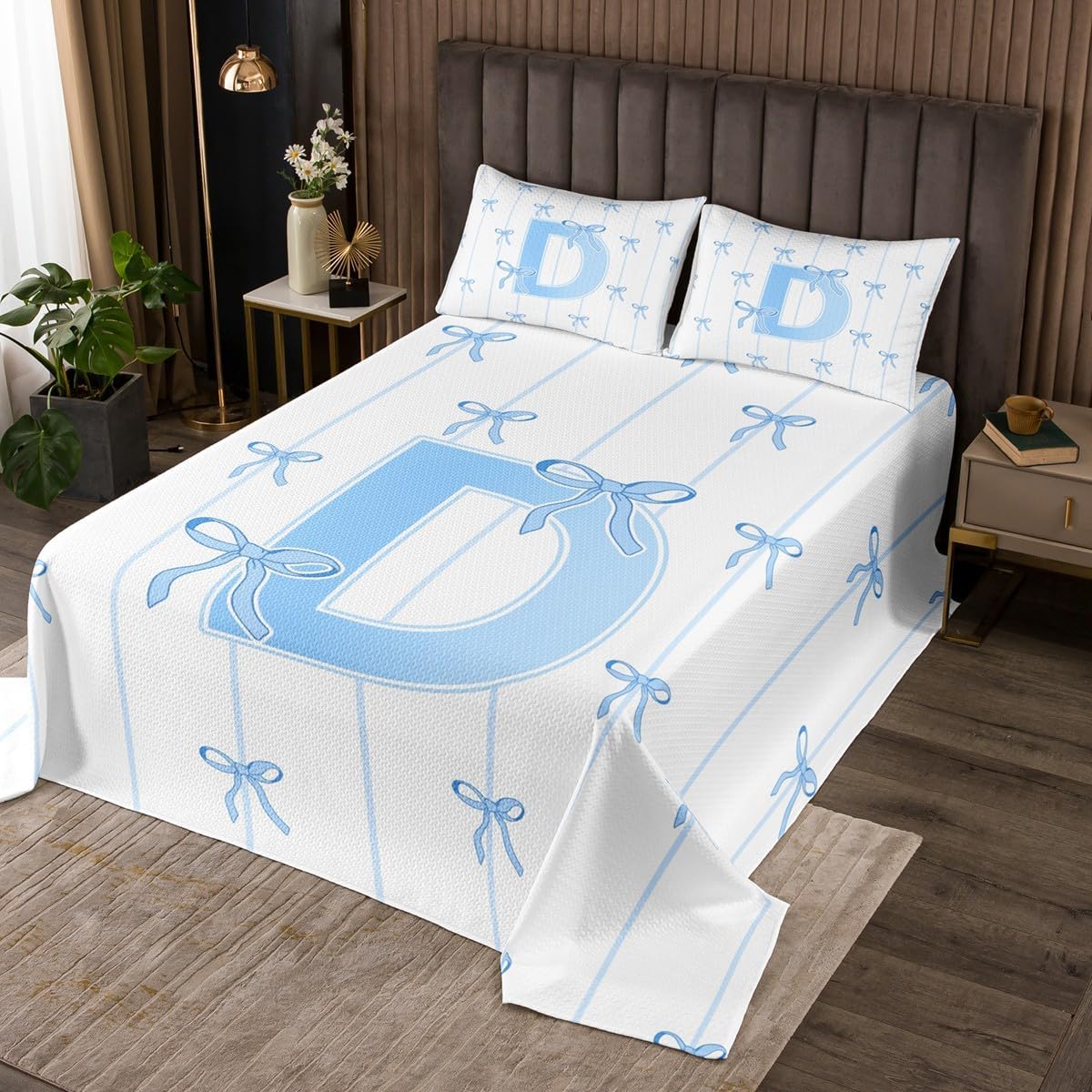 jejeloiu Girls Bow Bedspread Quilts Blue Cute Bowknot Coverlet Set Twin Size for Kids Boys Girls Letter V Quilted Coverlet for All Season with 1 Pillowcase Monogrammed Microfiber Coquette Bows