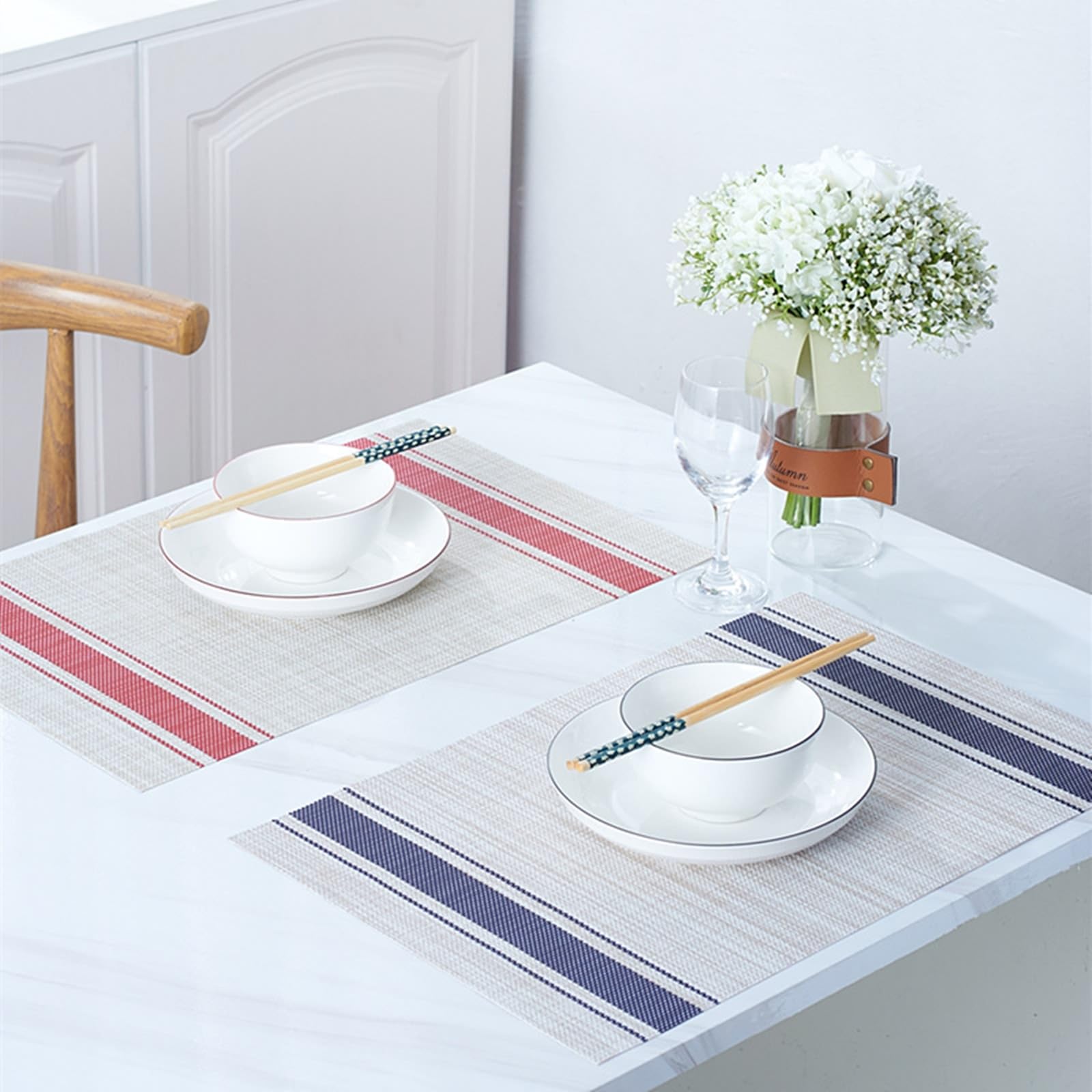 AMDXD Lot de 10 sets de table bohème en PVC à rayures tissées et lavables élégants - Carré pour hôtel - Bleu - 30 x 45 cm