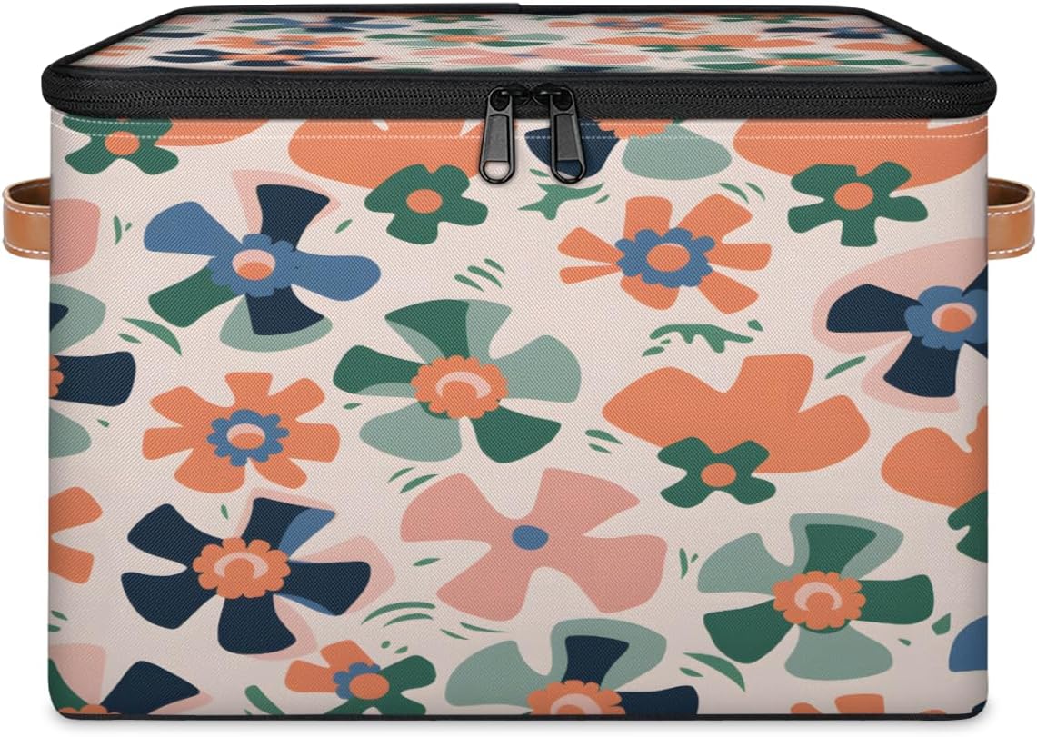 Storage Bin Set of 2 Abstract Flower Storage Basket with Zipper Lid & Handle Foldable Closet Shelf 2 Pack Cloth Organizer Basket Cube Bins Clothes Organizer for Bedroom, Nursery