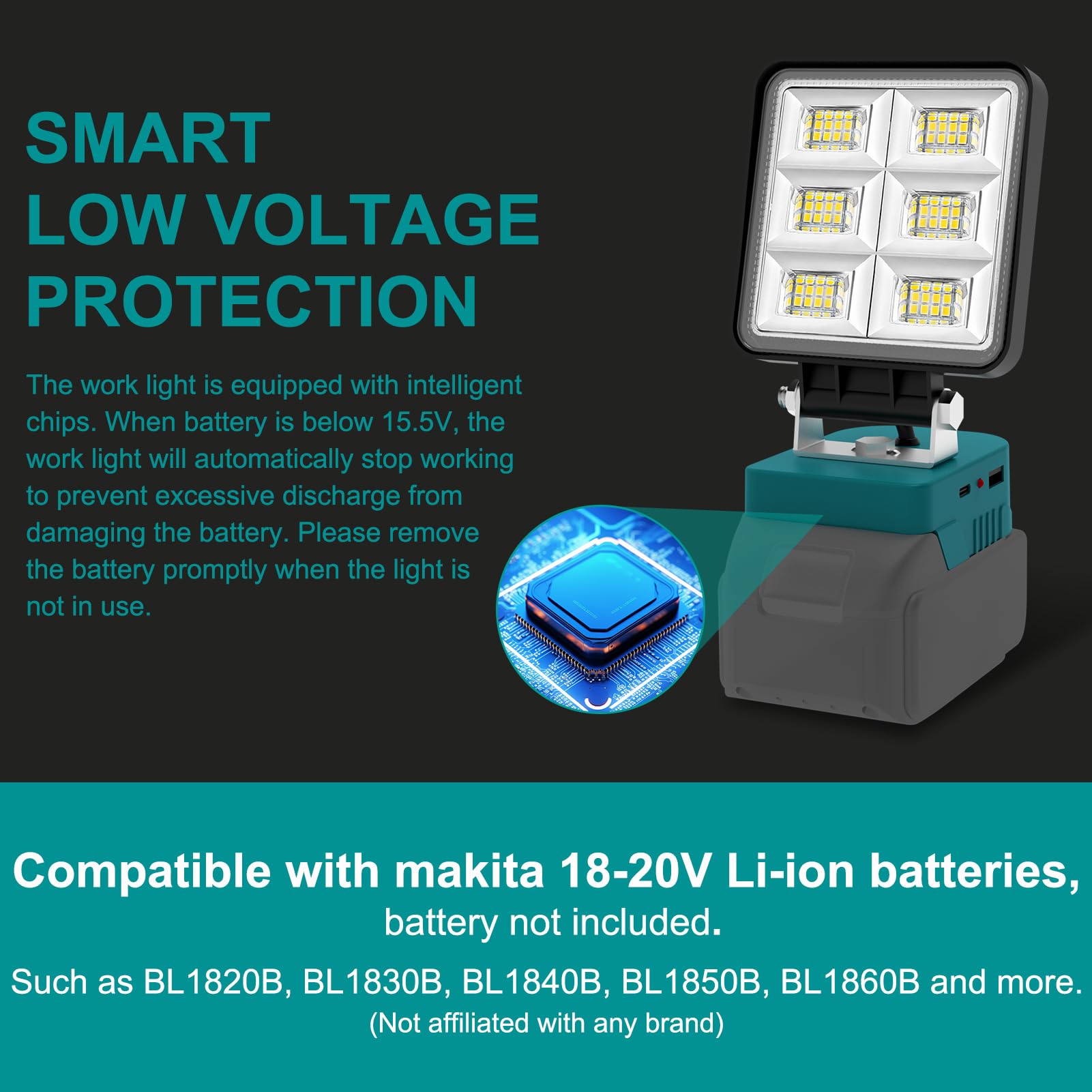NATPOW Lampe de Chantier Compatible avec Makita 18V, Lot de 2 5200LM Projecteur, 2 Modes 6000K Éclairage Chantier Portable avec Type C et USB pour Chantier, Garage, Camping, Pêche, Sans Batterie