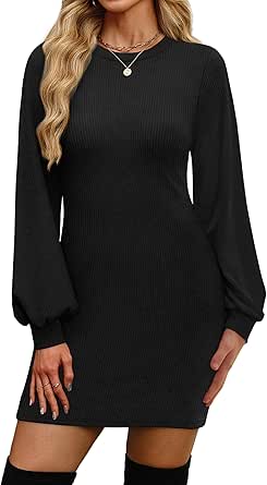 OFEFAN Sweater Dresses for Women 2025 Fall Winter Puff Long Sleeve Crewneck Bodycon Fleece Ribbed Pullover