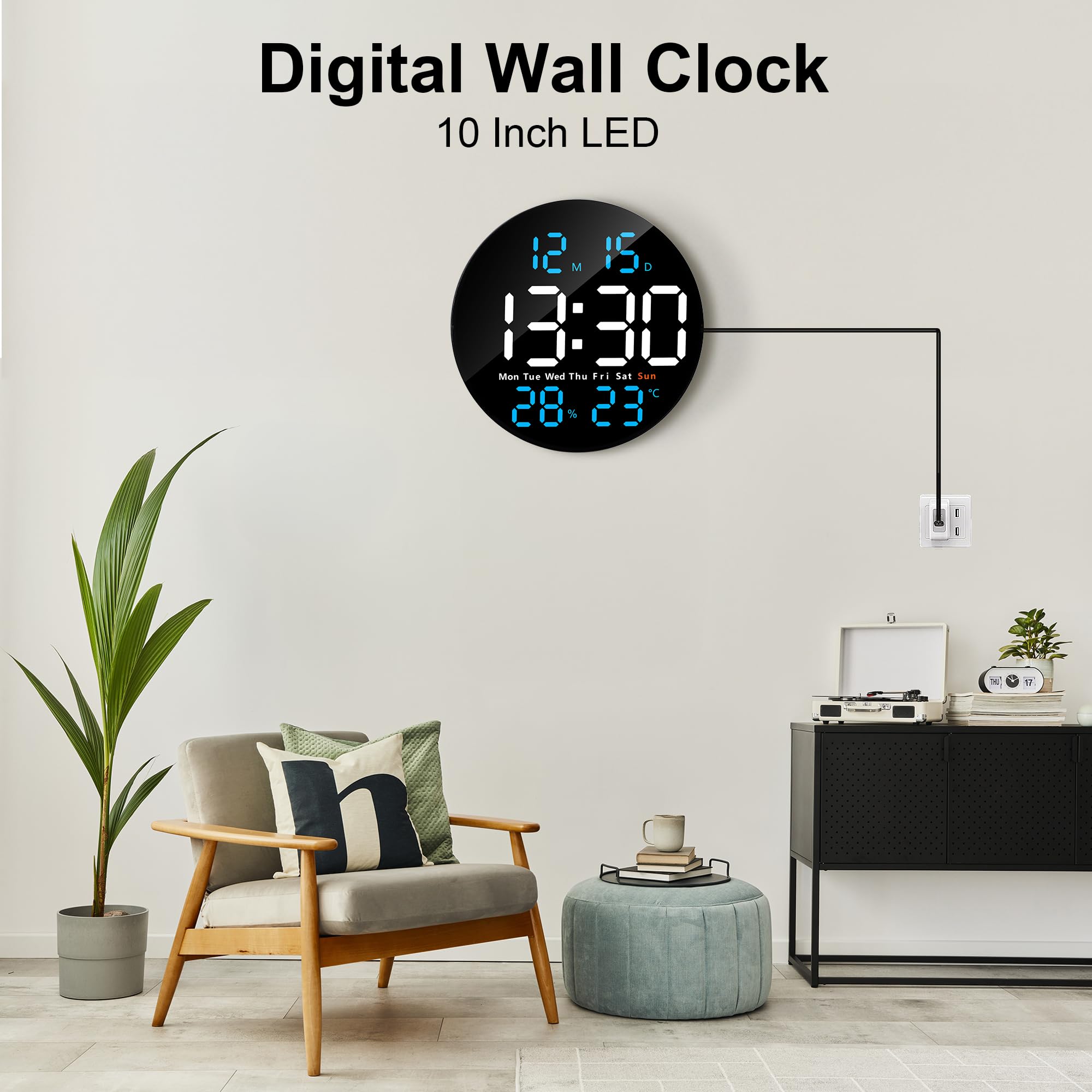 Lafocuse Reloj de Pared Digital con Grande Pantalla LED 25CM, Silencioso Relojes con Control Remoto, Temperatura, Fecha, 2 Alarmas, Cuenta Atrás, Brillo Ajustable para Salon Cocina Oficina, Azul