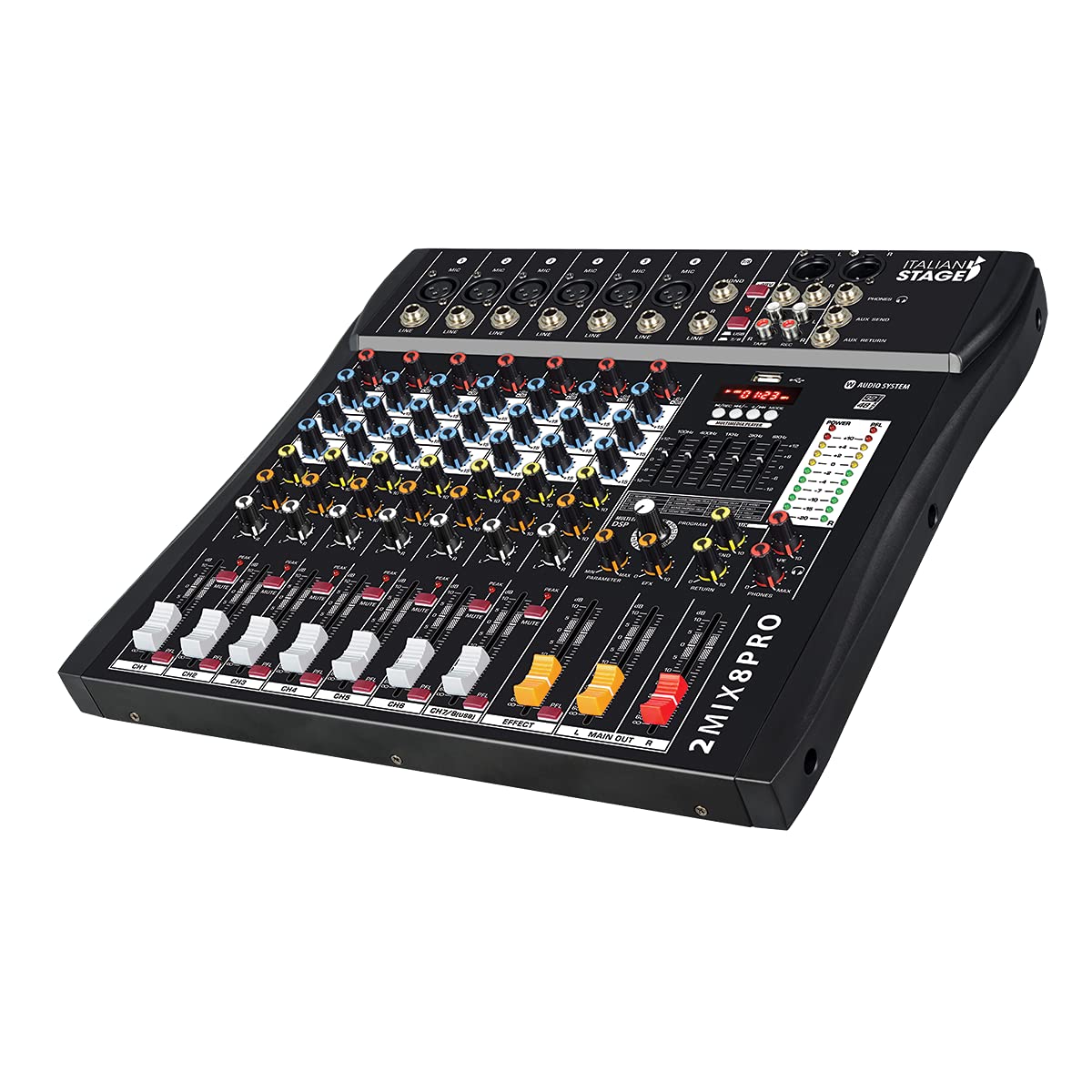 Italian Stage IS 2MIX8PRO - Mixer audio stereo 8 canali + DSP Multi FX, Lettore/registratore USB integrato e Bluetooth, Nero