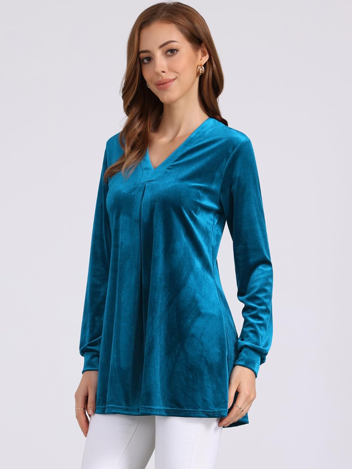Seta T Women's Velvet Top V Neck Long Sleeves Solid Casual Tunic Blouse Loose T-Shirt - Image 3