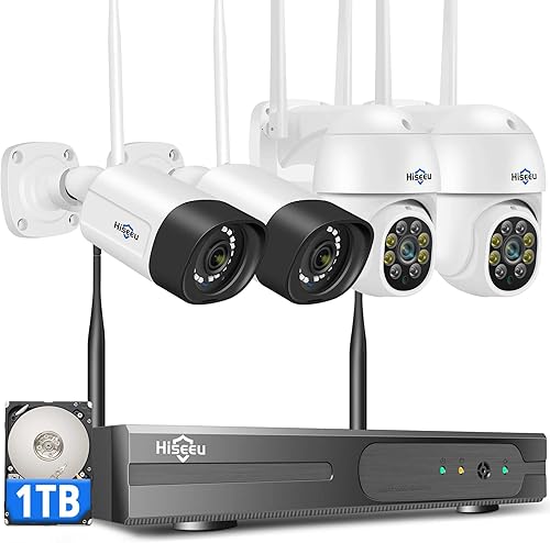 Hiseeu - Sistema de cámara de seguridad 2K para exteriores, con WiFi, PTZ de 3 MP, tipo bala, vigilancia en movimiento y control remoto de PC, IP66