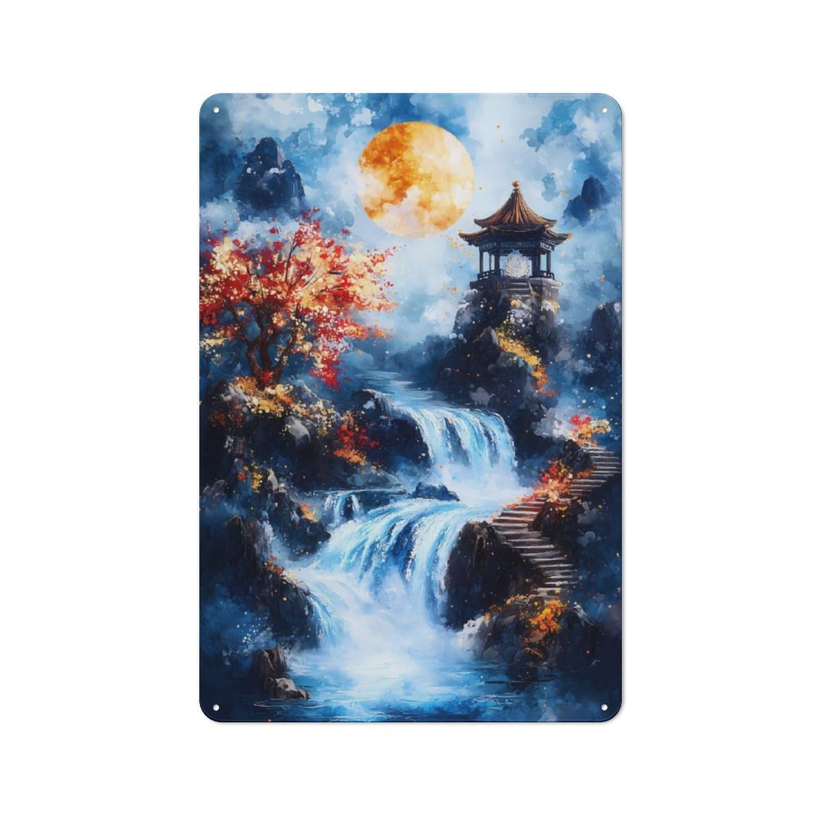 Junmoney Waterfall Under Full Moon Rustic Metal Sign 30X20cm For Hallway Wall, For Collectors Of Rustic Metal Wall Decor
