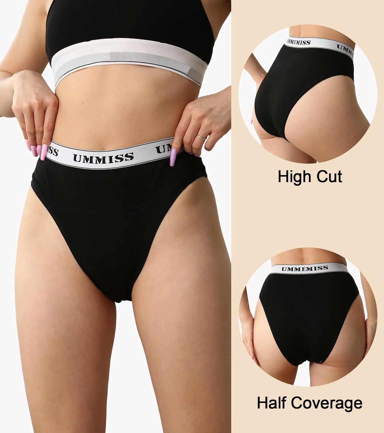 UMMISS High Waisted Cheeky Womens Underwear Cotton Brazilian Panties Soft Breathable Bikini Panties for Women 5 Pack - Image 2