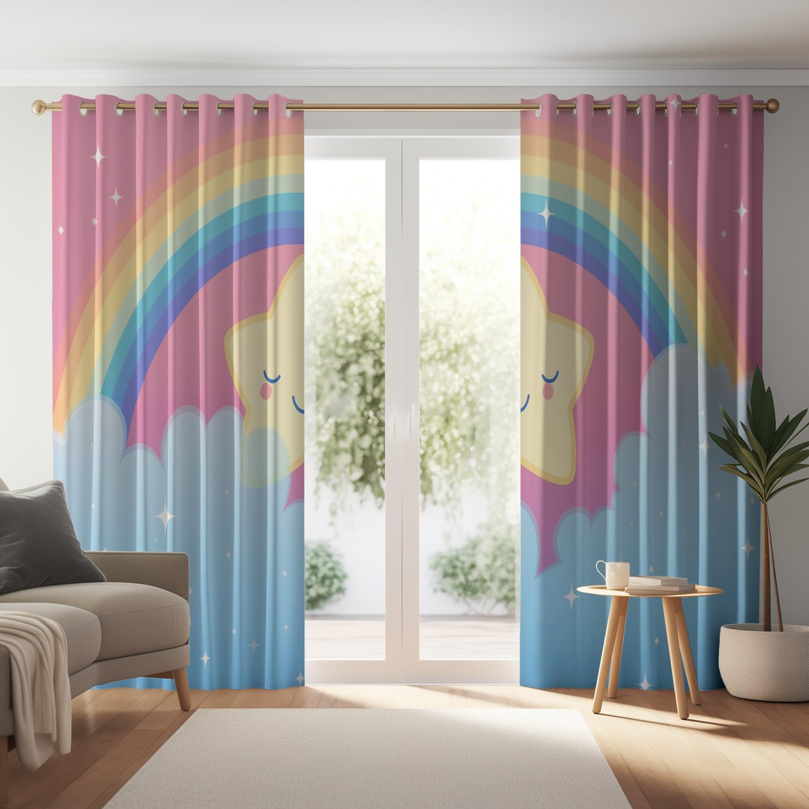Śliczne nieprzezroczyste zasłony z kreskówek chmury gwiazdki - 140 L x 260 H cm (2 panele) zasłona 100% blokada światła termoizolacyjne zasłony z oczkami, różowo-niebieskie zasłony do salonu sypialni