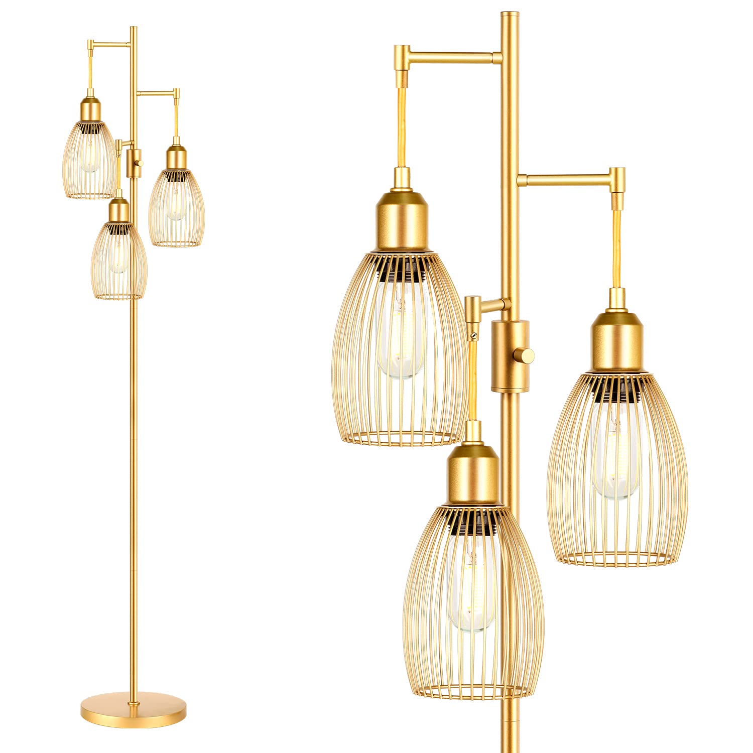 nintiue dimmable floor lamp, 3 x 800lm led edison bulbs included, farmhouse industrial floor lamp standing lamp with elegant teardrop cage heads tall lamps for living room office bedroom