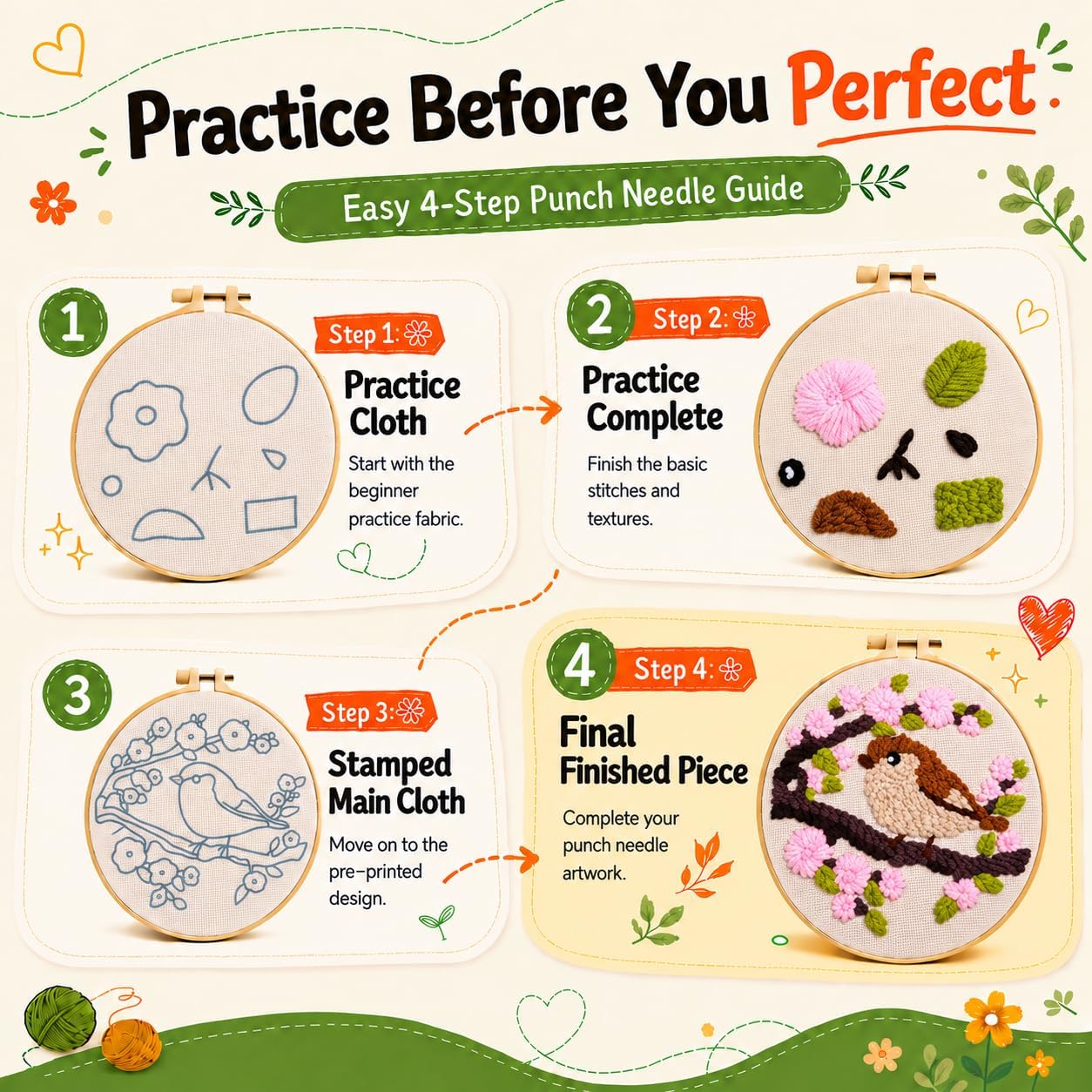 Punch Needle Kit for Beginners, Punch Stitching Kit for Adults, Needle Punch Kits for Adults, Bird on Pink Flower Branch DIY Embroidery Set