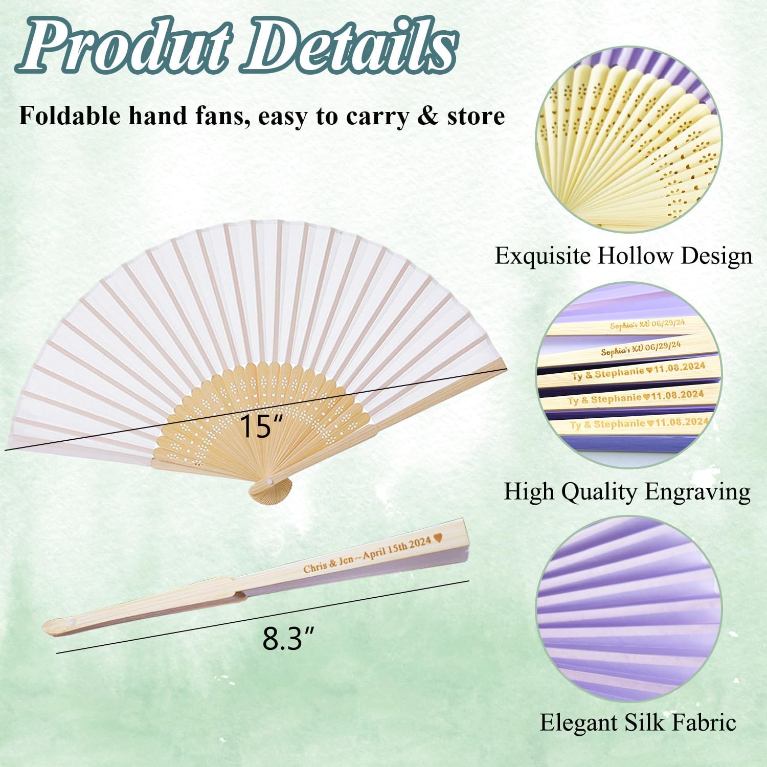 60 Pcs Personalized Purple Wedding Fans for Guests Bulk, Custom Hand Fans Decorative Folding Fans, Wooden Fans Party Favor Birthday Party Supplies Bridal Shower Gifts Baby Shower Favors