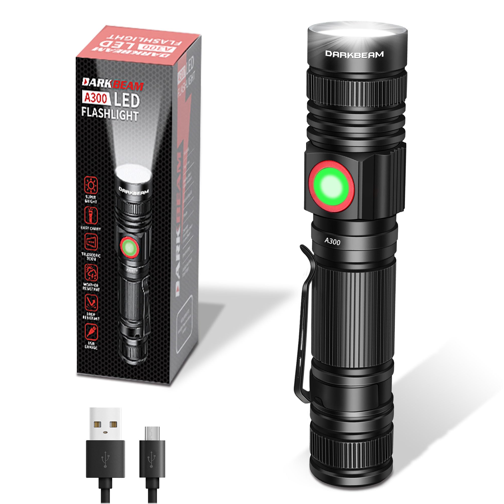 DARKBEAM LED latarka ładowalna USB 2000 wysokich lumenów, małe i jasne latarki kieszeniowe, skupienie regulowane wodoodporne ręczne światło błyskowe do kempingu, na zewnątrz, awaryjne, z baterią