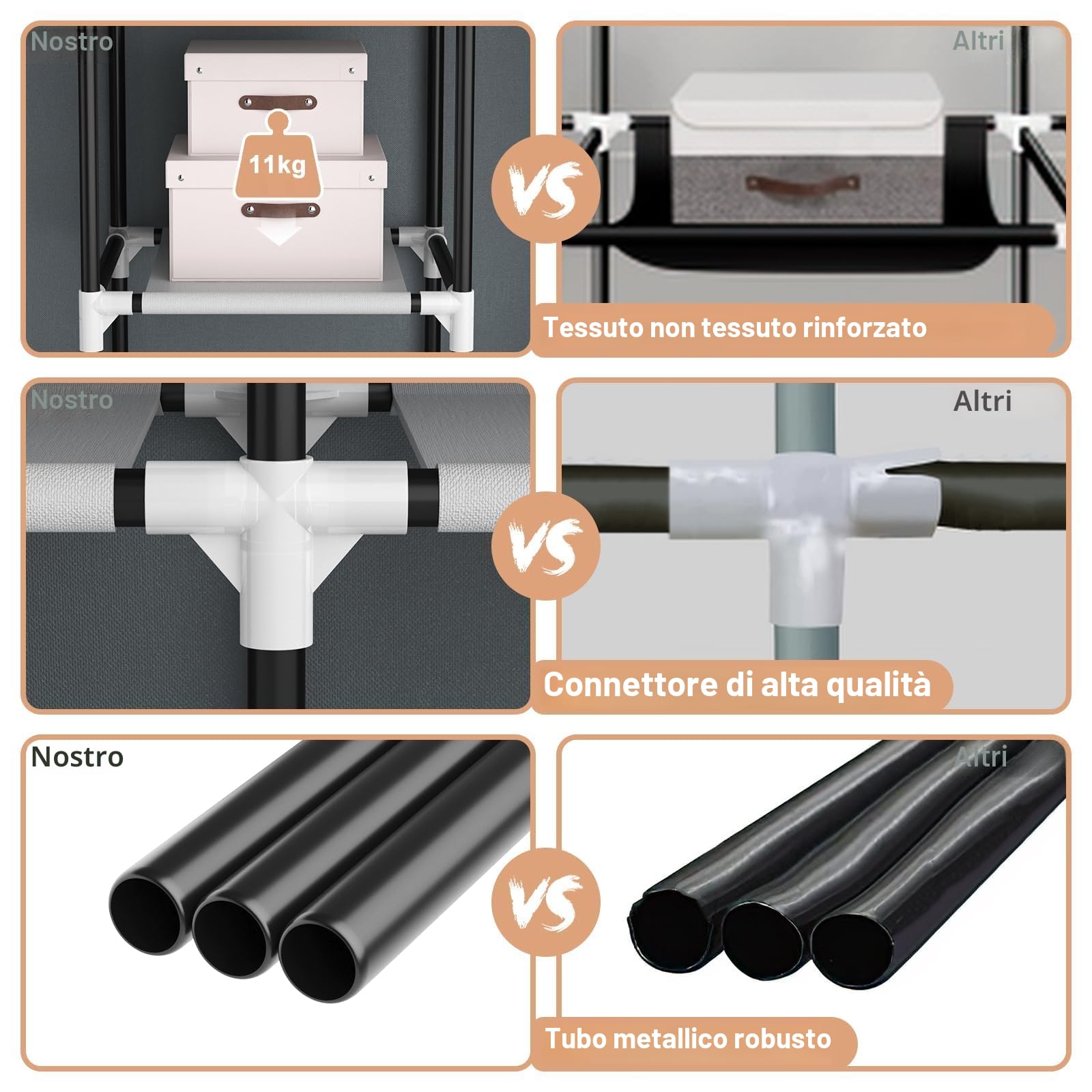 Vicye Armadio Guardaroba in Tessuto con 2 Barra Appendiabiti, 8 Ripiani e 4 Tasche Laterali, Armadio Portatile per Soggiorno, Camera da Letto, 124 x 42 x 162 cm, Grigio