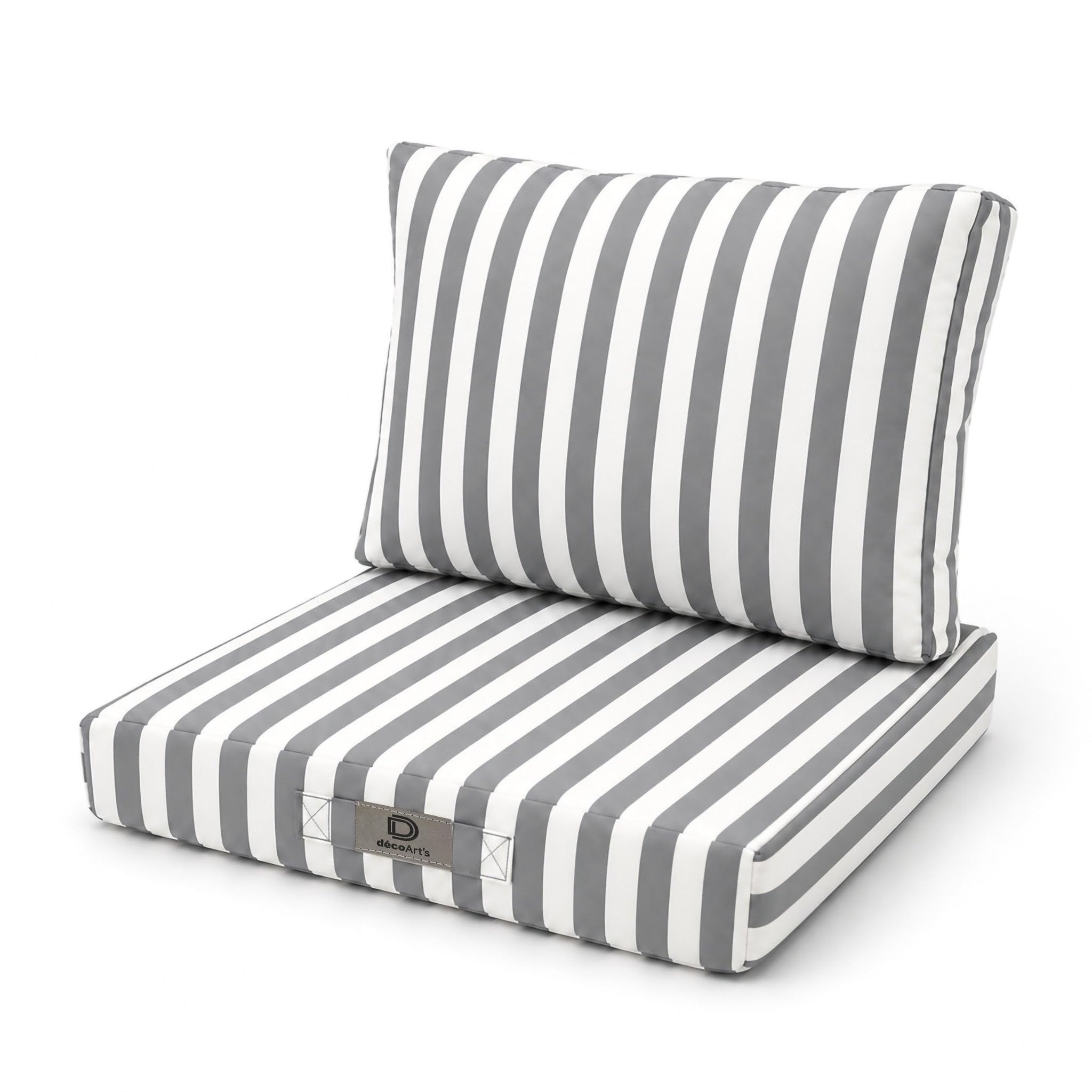 Déco Arts — 2er Set Gartenmöbel-Kissen Abnehmbar 70x60 XL — Sitz 70x60 + Rücken 70x35 cm — Wasserdicht UV-beständig — Ersatz für Gartenmöbel Terrasse Balkon Wintergarten — Gestreift Hellgrau