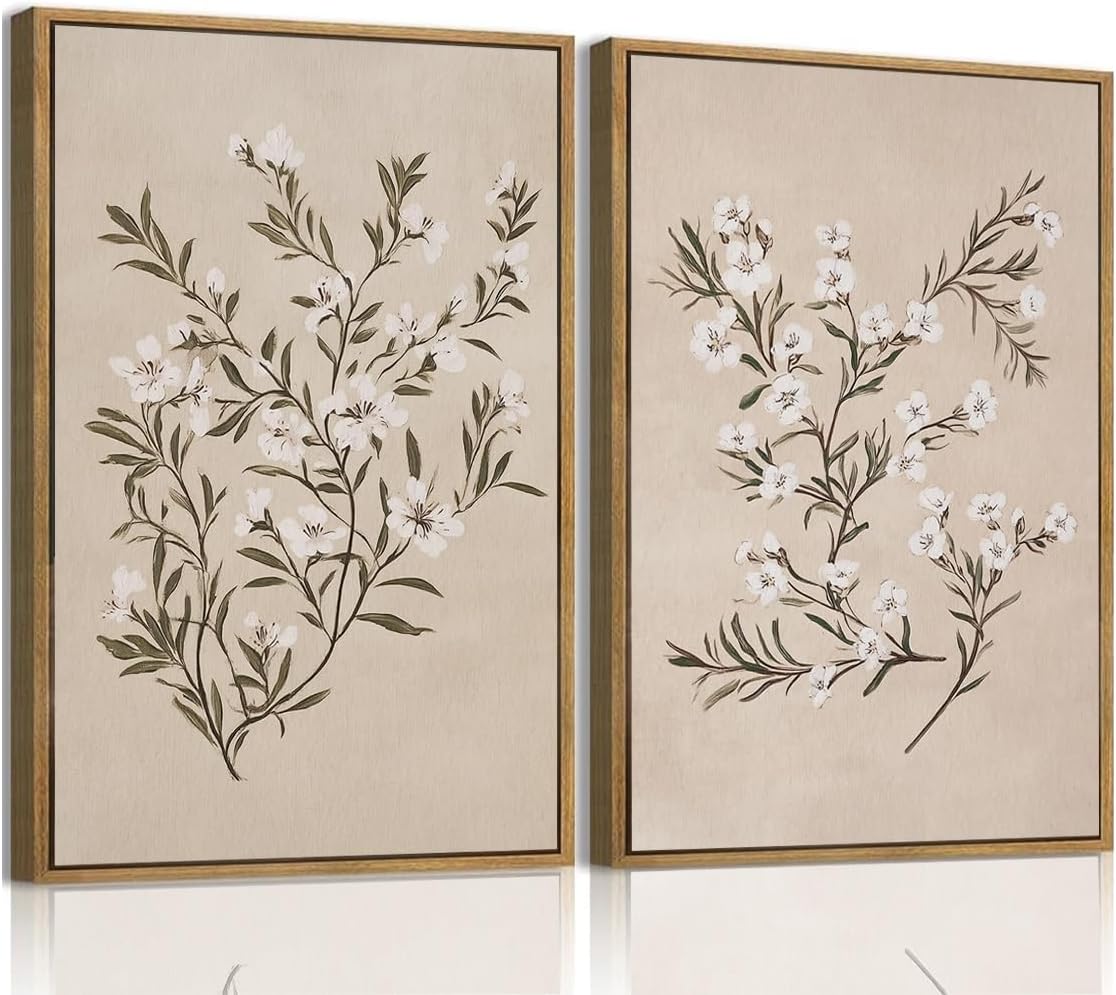 YOYIAXT 2 Pieces Vintage Botanical Canvas Wall Art For Bedroom Minimalist Floral Framed Wall Art Antique Neutral Flower Art Print Artwork For Office Living room, 12x16 in