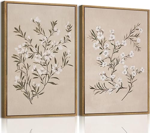 YOYIAXT 2 piezas de arte de pared en lienzo botánico vintage para dormitorio, minimalista, floral, enmarcado, arte de pared antiguo y neutro, arte