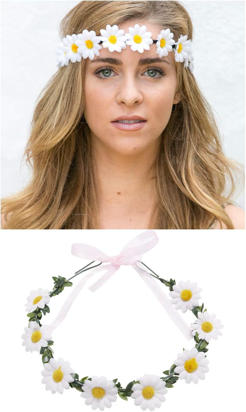 Lawie 8 Pack Boho Flower Crowns Floral Wreath With Ribbon Halo Headbands Garland Wedding Bridal Bridesmaid Headpiece Tiara Sunflower Daisy Rose Hairbands Hawaiian Party Accessories for Kids Women Girl