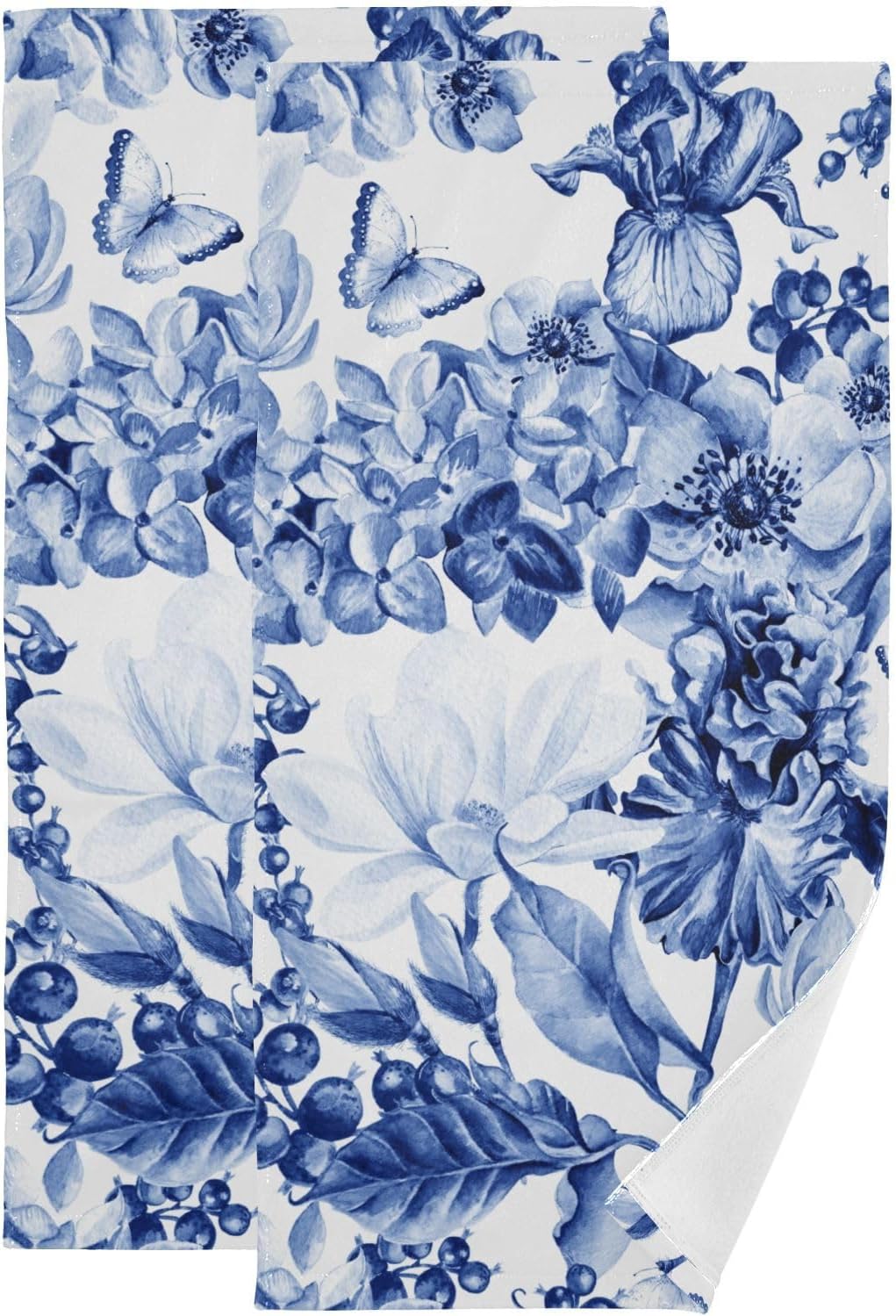 Blue White Floral Hand Towels for Bathroom Set of 2,Absorbent Microfiber Rustic Magnolia Flower Blue Berries Kitchen Towels 14"x28",Decorative Bathroom Towels for Bath,Guest,Face,Shower