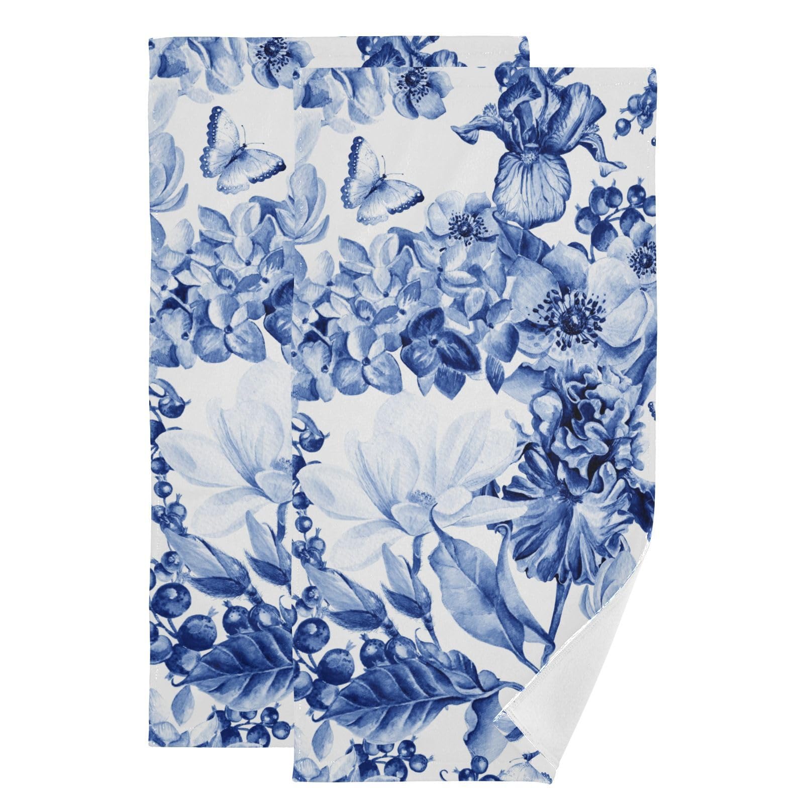 YOCIBIUT Blue White Floral Hand Towels for Bathroom Set of 2,Absorbent Microfiber Rustic Magnolia Flower Blue Berries Kitchen Towels 14"x28",