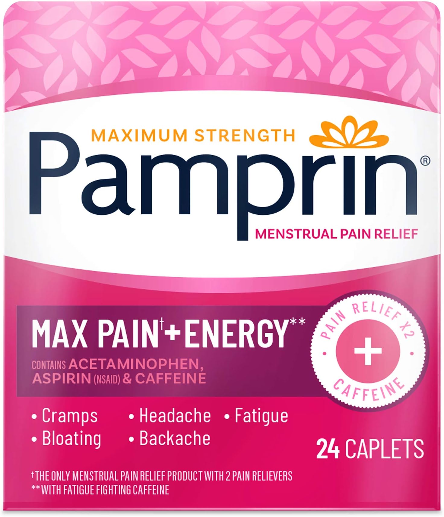 Pamprin Maximum Strength Max Pain + Energy Formula, Menstrual Period Symptoms Relief for Cramps, Headache, Pain and Bloating, 24 Caplets (1 Pack)