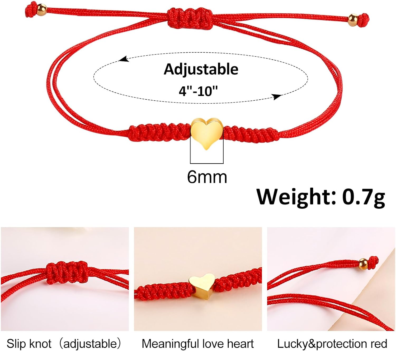 6 Pcs Braided Heart Bracelet Adjustable Red Bracelet String Bracelet Set Love Bracelet Heart Friendship Bracelets Bulk - Image 6